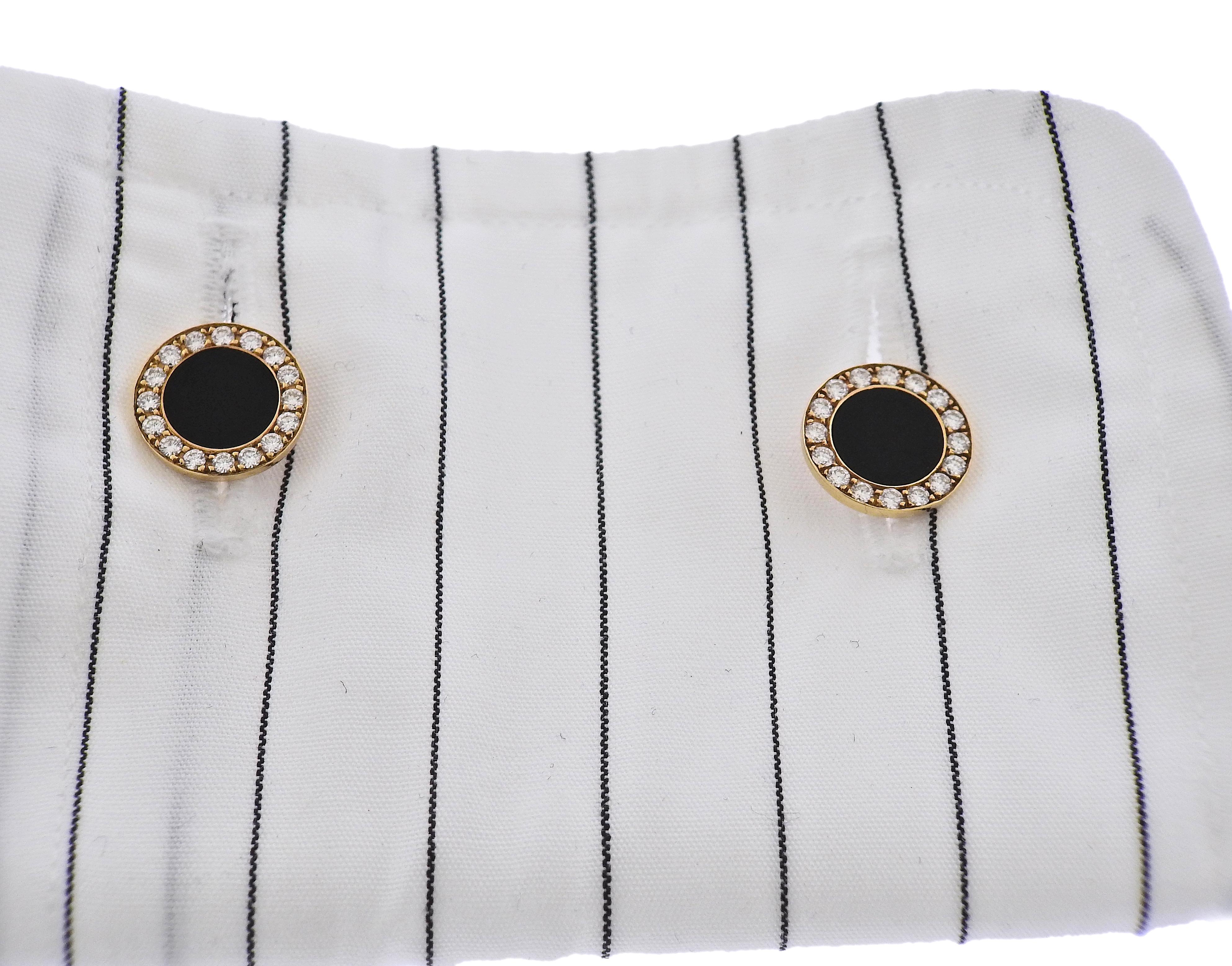 Bulgari Onyx Diamond Gold Cufflinks In Excellent Condition For Sale In New York, NY