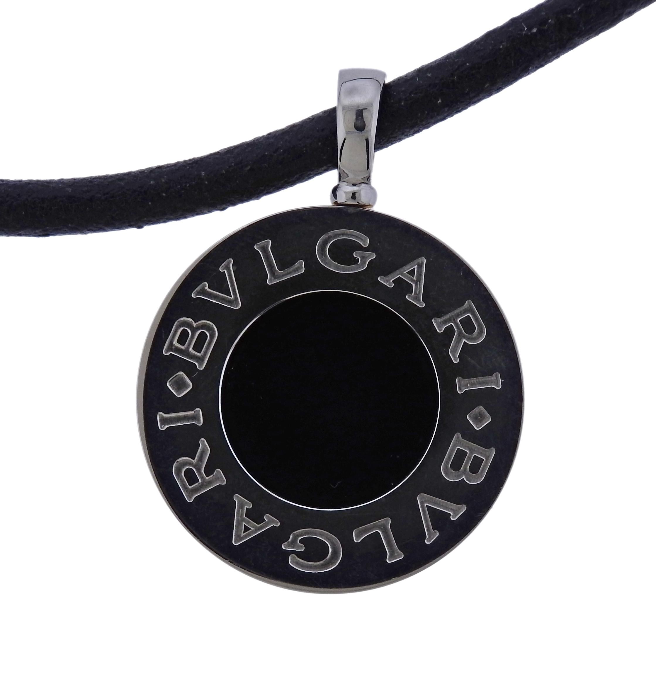 Bulgari Onyx Nephrite Gold Steel Pendant Cord Necklace In Excellent Condition In Lambertville, NJ