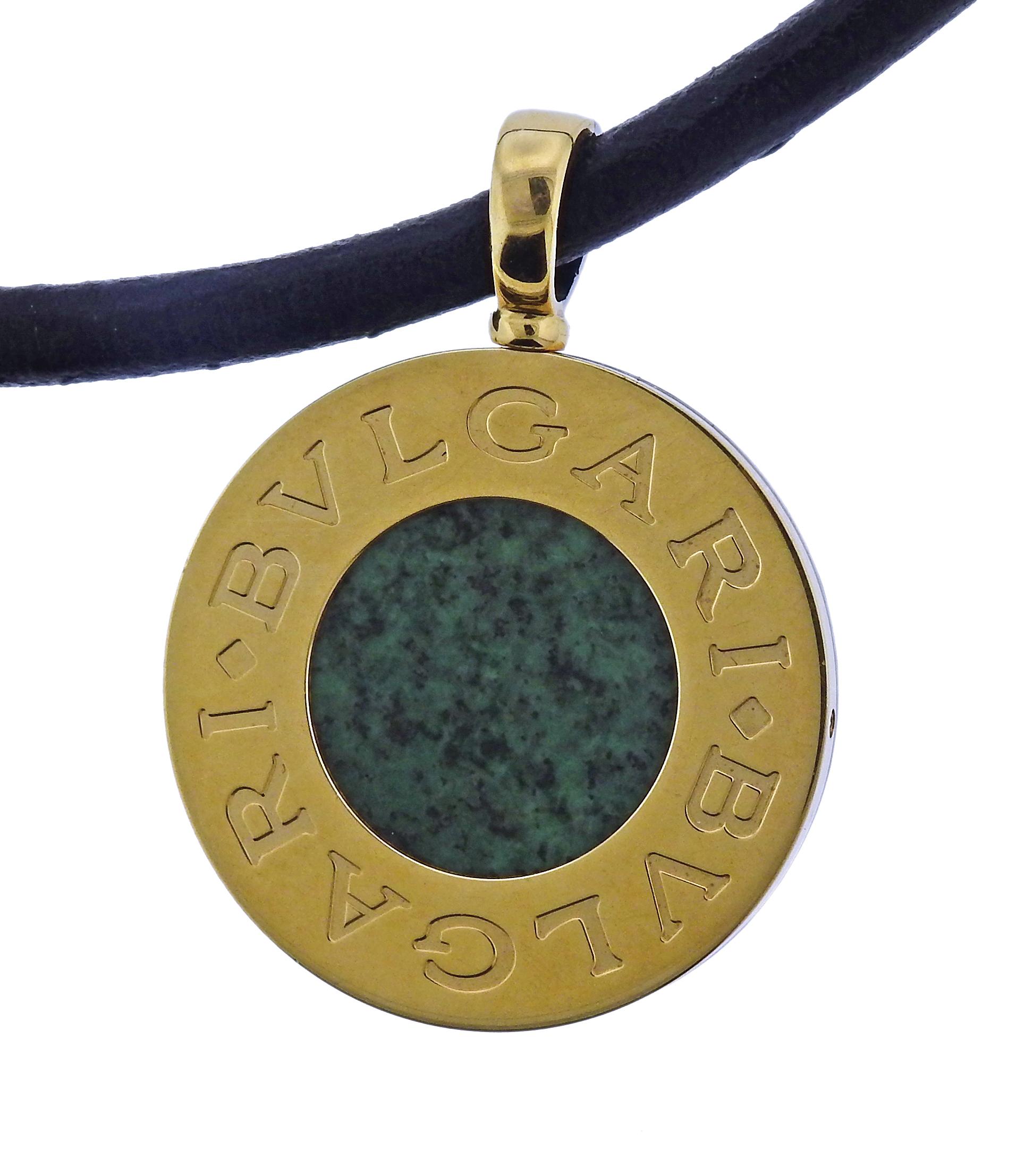 Women's or Men's Bulgari Onyx Nephrite Gold Steel Pendant Cord Necklace