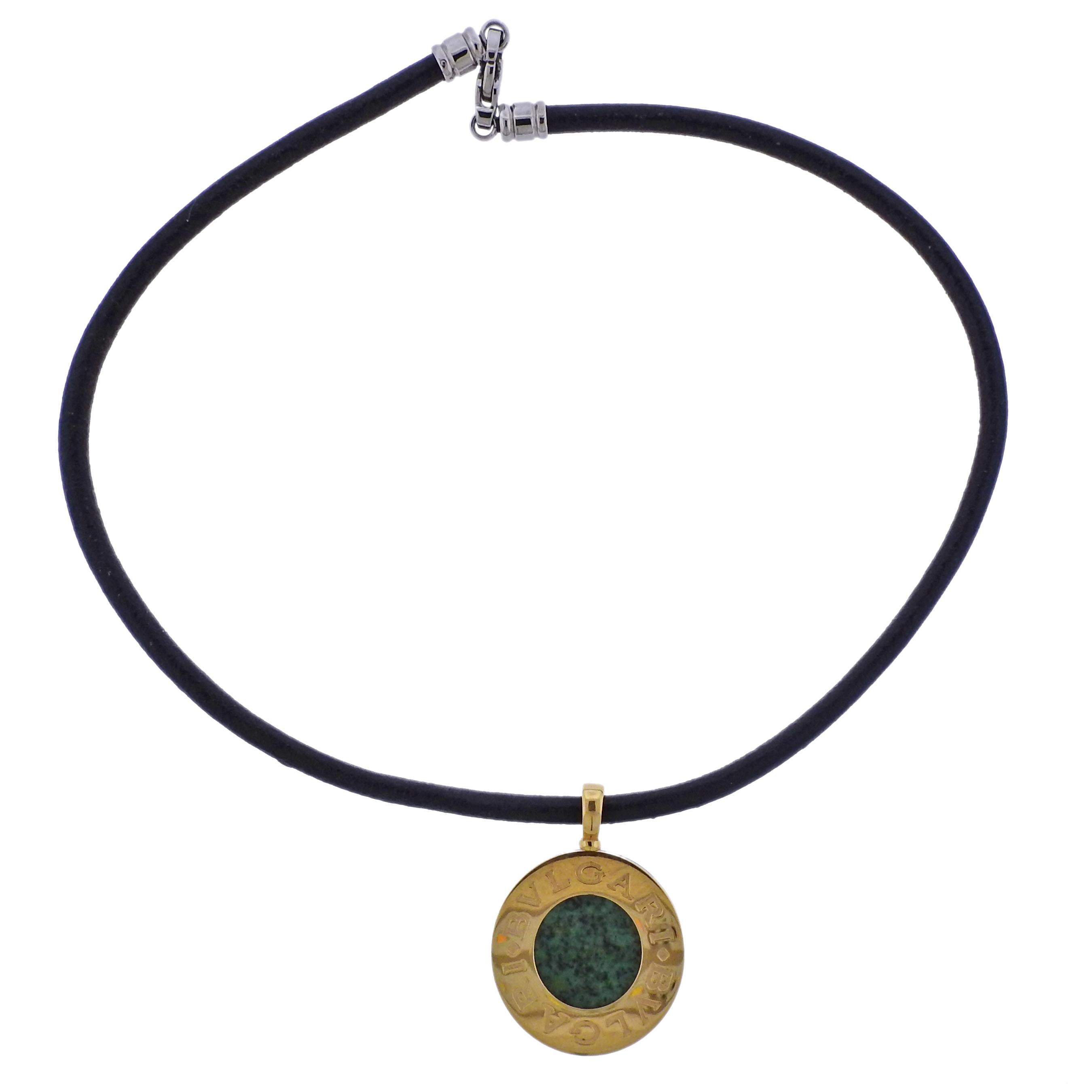 Bulgari Onyx Nephrite Gold Steel Pendant Cord Necklace