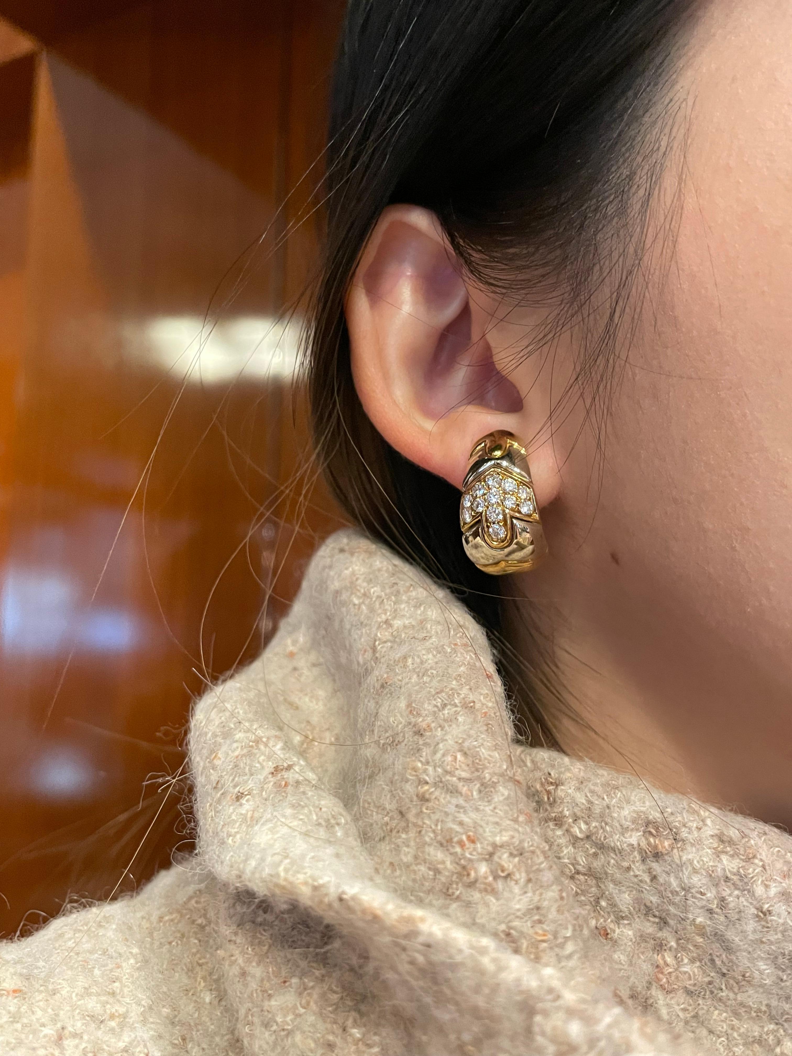 Bulgari Pair of Two-Color Gold and Diamond Earclips For Sale 1