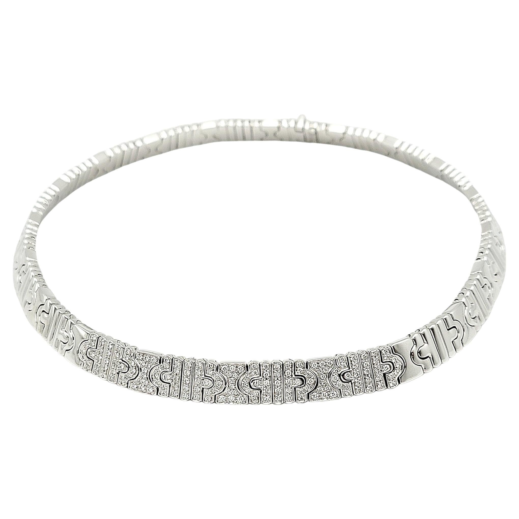 Chic collar necklace by designer, Bulgari. Bulgari is an Italian high-end luxury fashion house founded in 1884 and known for its jewelry, watches, fragrances, accessories, and leather goods. This incredible textured Parentesi necklace is expertly
