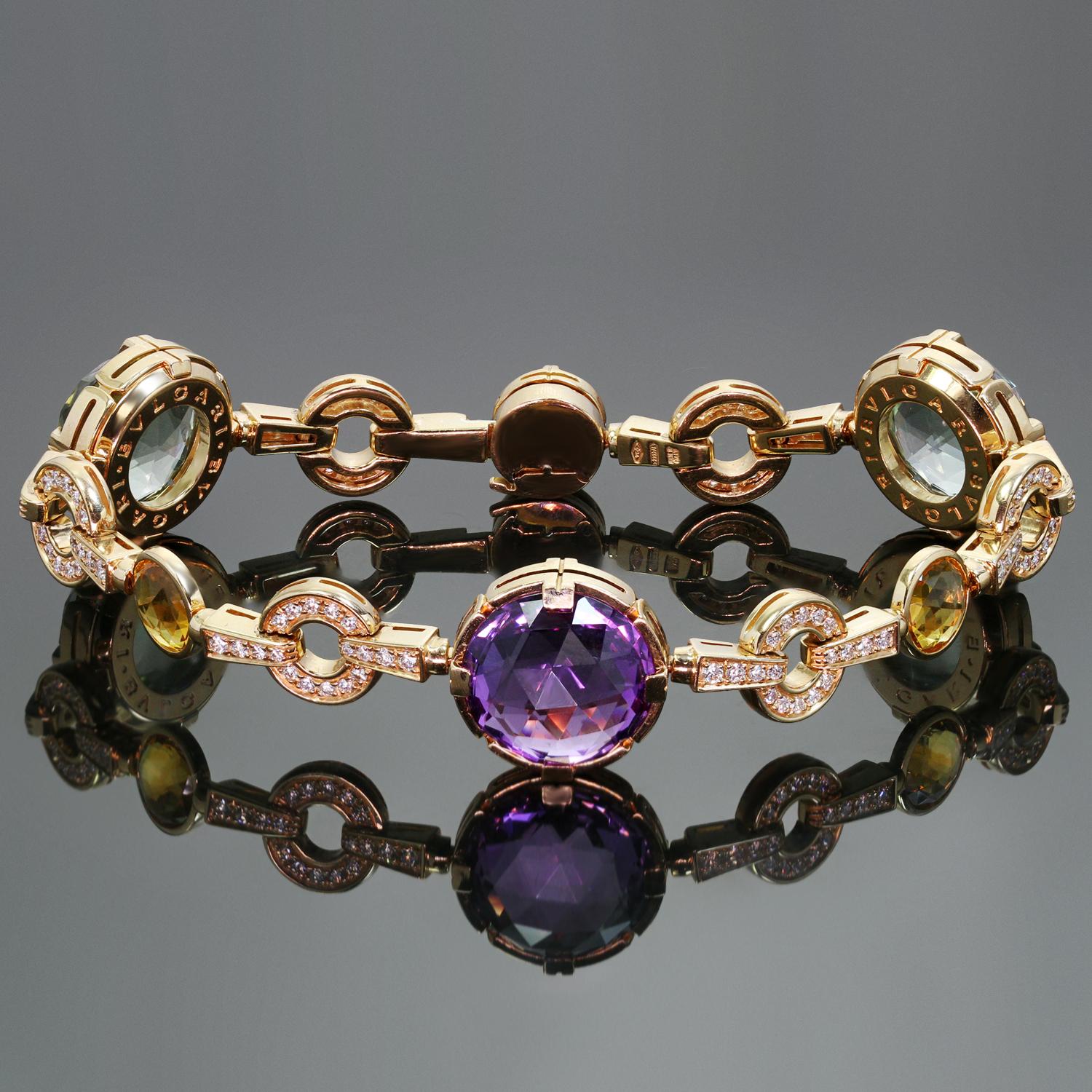 This gorgeous cocktail bracelet from Bvlgari's vibrant Parentesi collection is crafted in 18k rose gold and set with a faceted round-shaped amethyst measuring 13.0mm x 13.05mm x 7.77mm, flanked by a praseolite measuring 13.07mm x 13.10mm x 7.65mm,