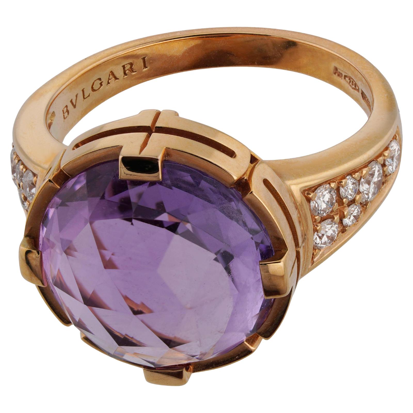 Women's BULGARI Parentesi Amethyst Diamond 18k Rose Gold Ring COA Box For Sale
