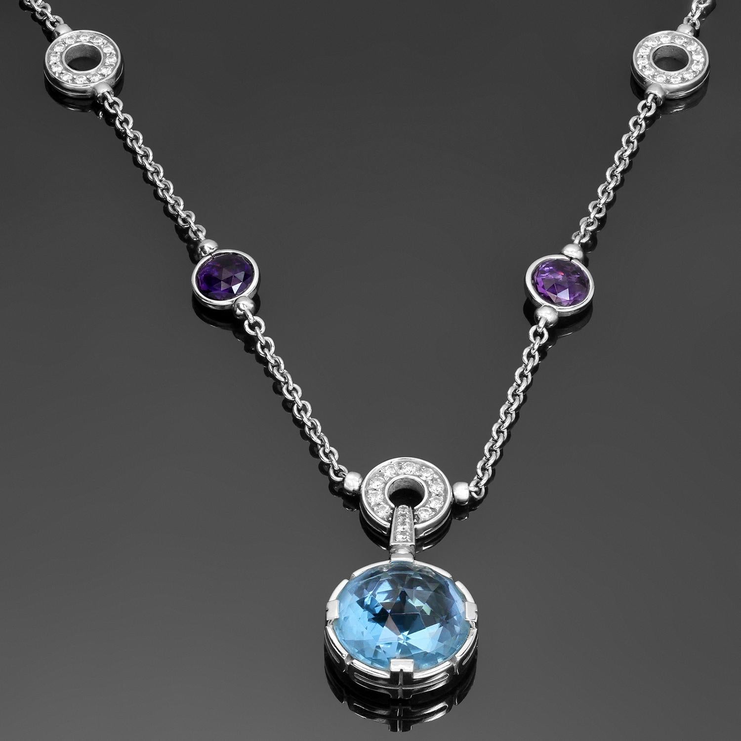 This fabulous necklace from vibrant Parentesi Cocktail collection is crafted in 18k white gold and features checkerboard faceted amethyst and topaz stones enhanced by sparkling diamonds - 3 amethyst, 2 topaz, 2 Bvlgari' hoops, 3 circular hoops