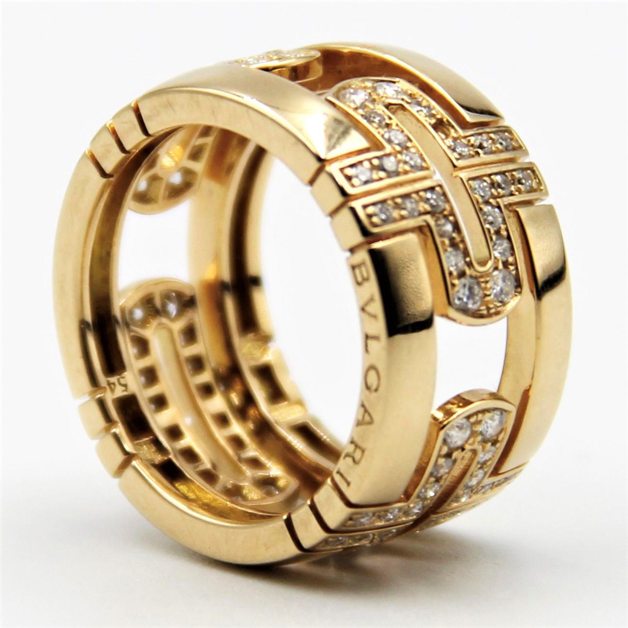 This Bvlgari Parentesi 18k yellow gold 0.70 ct. Diamond Ring with strong geometry  . The ring is made of 18-karat yellow gold, and despite its smooth curves and edges, it is impossible not to draw attention anywhere on the show. The band measures 11