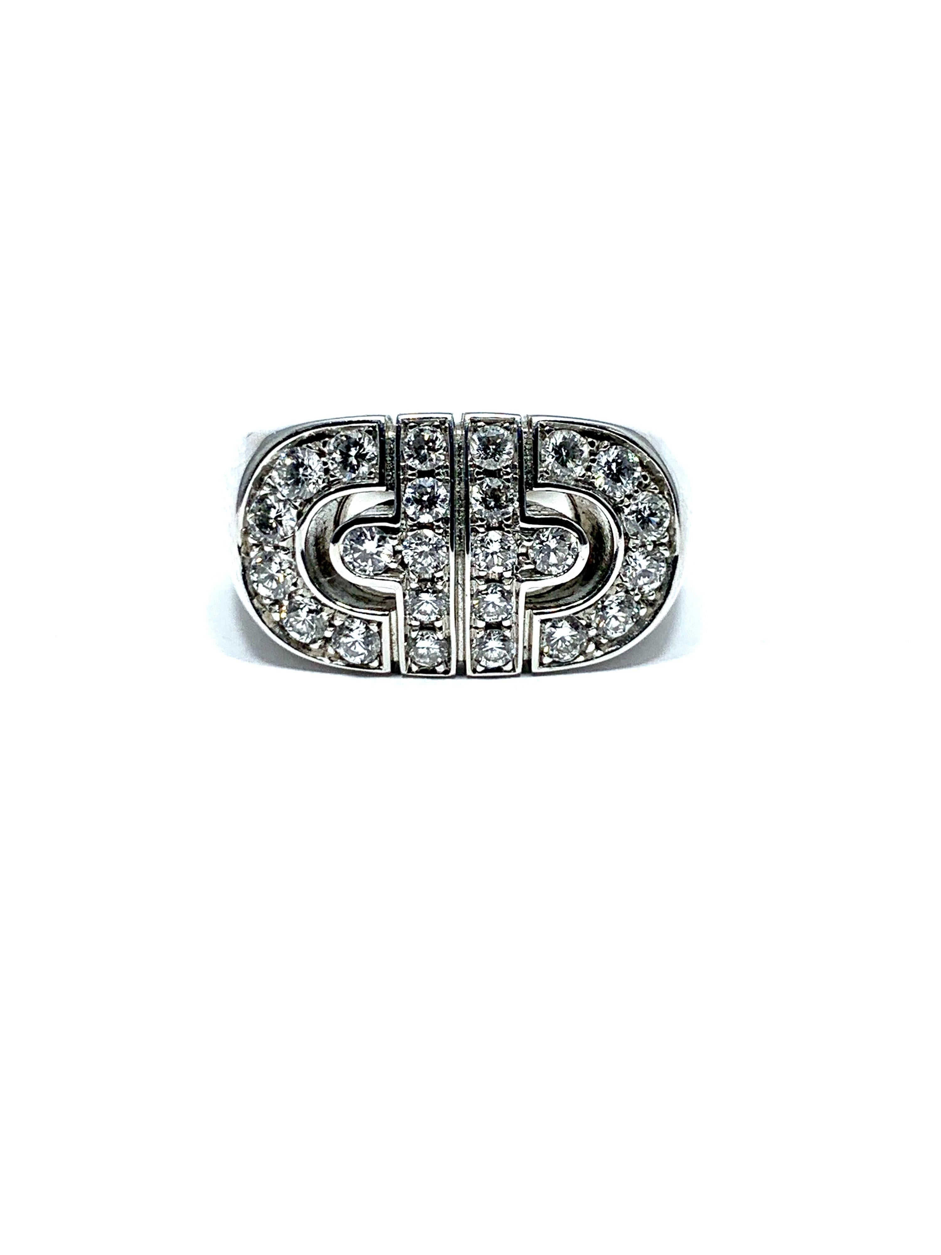Bulgari 18K White Gold Diamond Parentesi Revolution Ring. This stunning ring is crafted of 18 karat white gold and features a Parentesi motif at the center with a total approximate carat weight of .88 carats. This is a magnificent ring with the