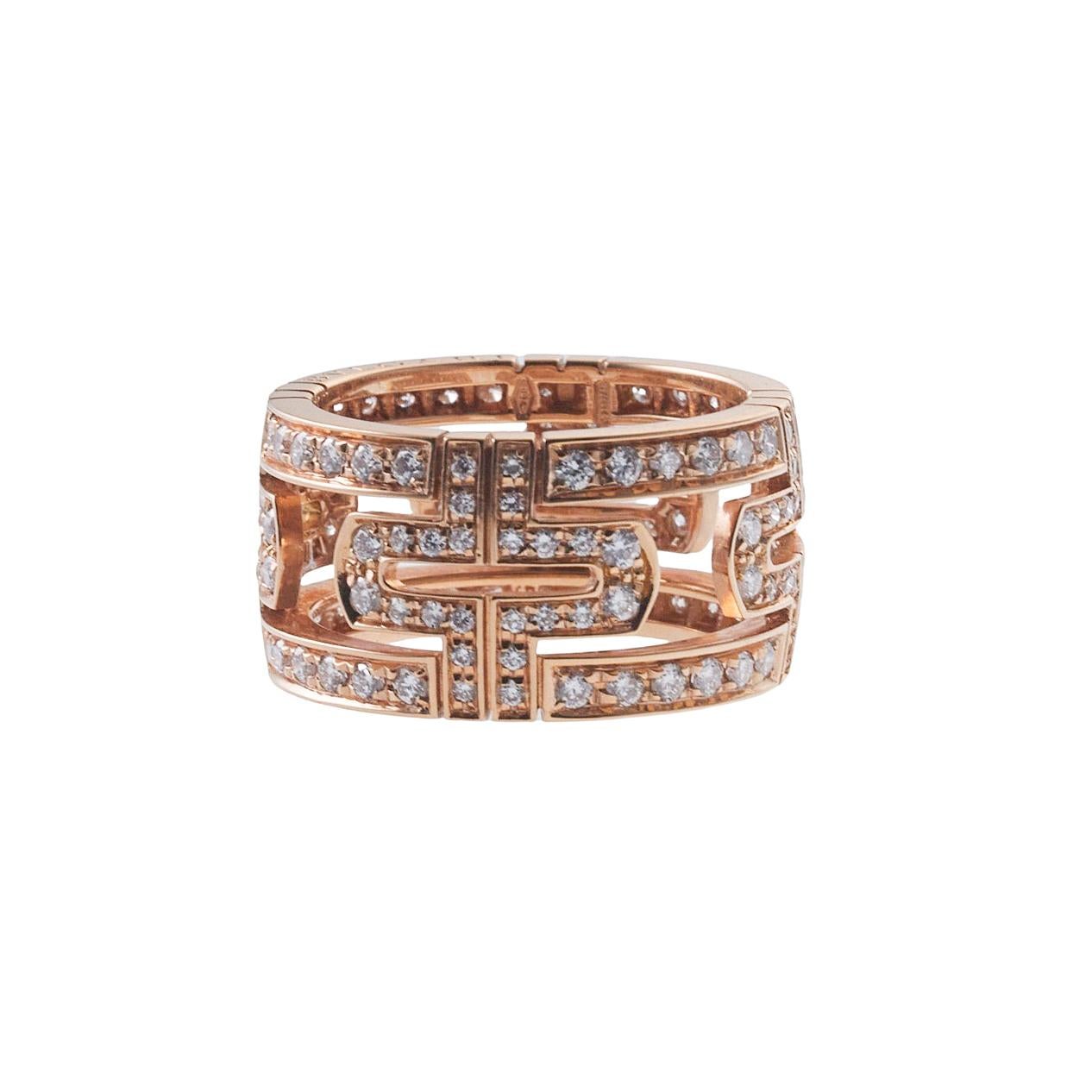 Bvlgari Parentesi collection 18k rose gold band, seet with approx. 1.50ctw in VS/G diamonds. Ring size 7, top measures 11.5mm wide. Marked: Bvlgari, made in Italy, 750,55. Weight is 8.8 grams.