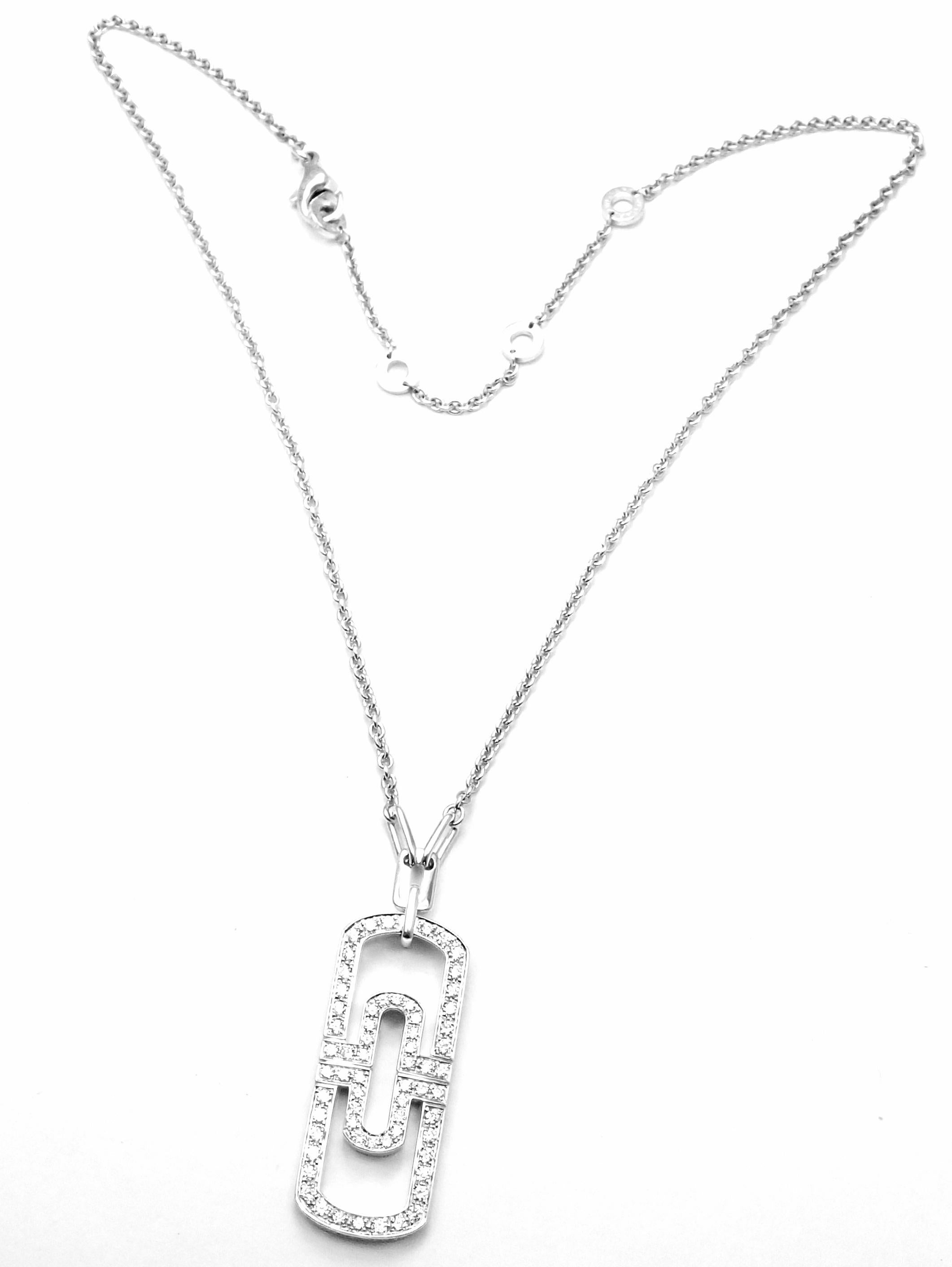 18k White Gold Diamond Parentesi Pendant Necklace by Bulgari. 
With 63 round brilliant cut diamonds VS1 clarity, G color total weight approx. 1.26ct
Retail Price: $18,500
Details:
Weight: 21.2 grams
Chain: 18.5