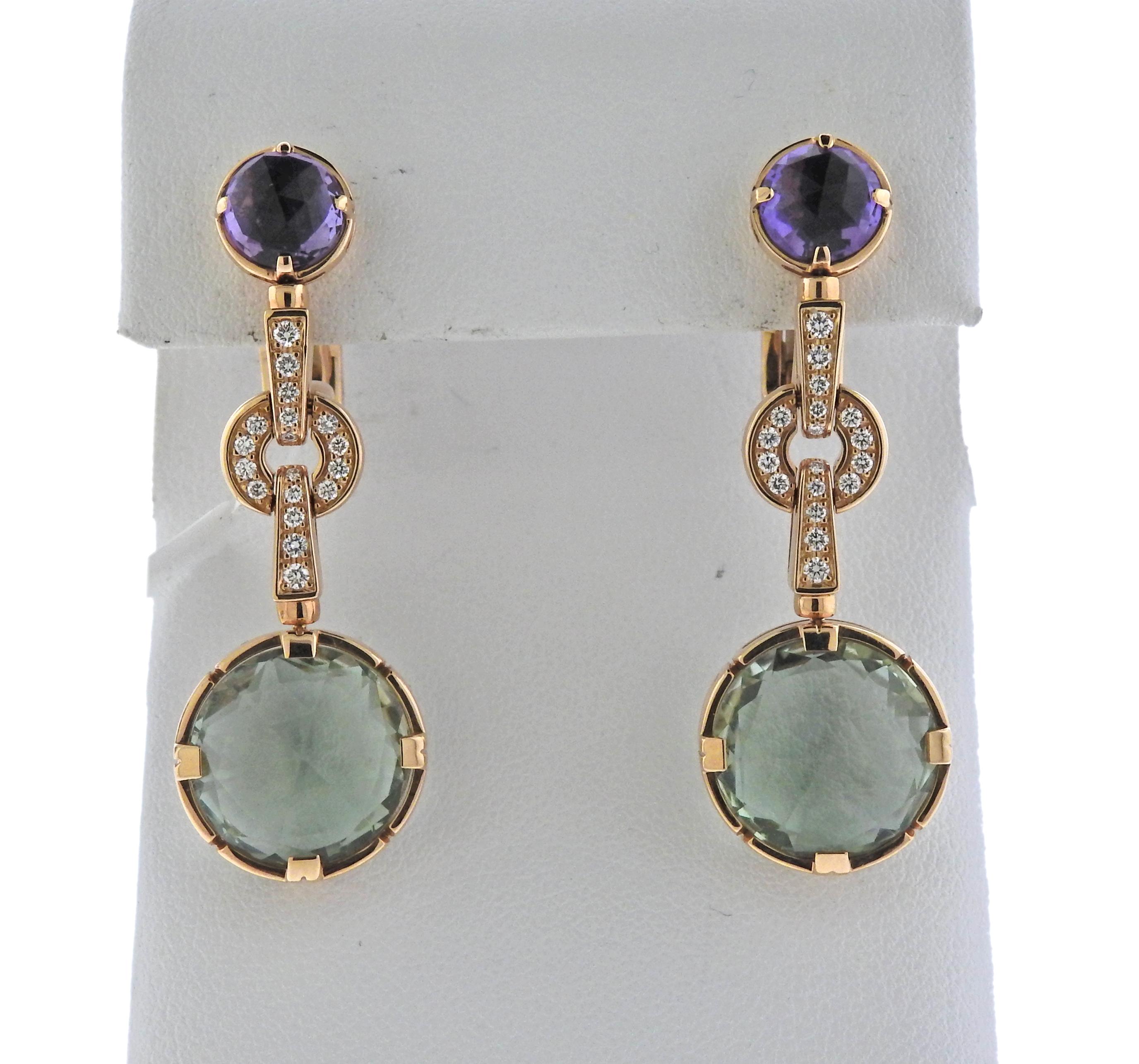 Pair of 18k yellow gold Bulgari earrings, crafted for Parentesi collection, set with approx. 0.31ctw in G/VS diamonds, green quartz and amethysts. Brand new, store sample. Earrings are 43mm x 15mm, weigh 19.8 grams. Marked:  Bvlgari, 750, Italian