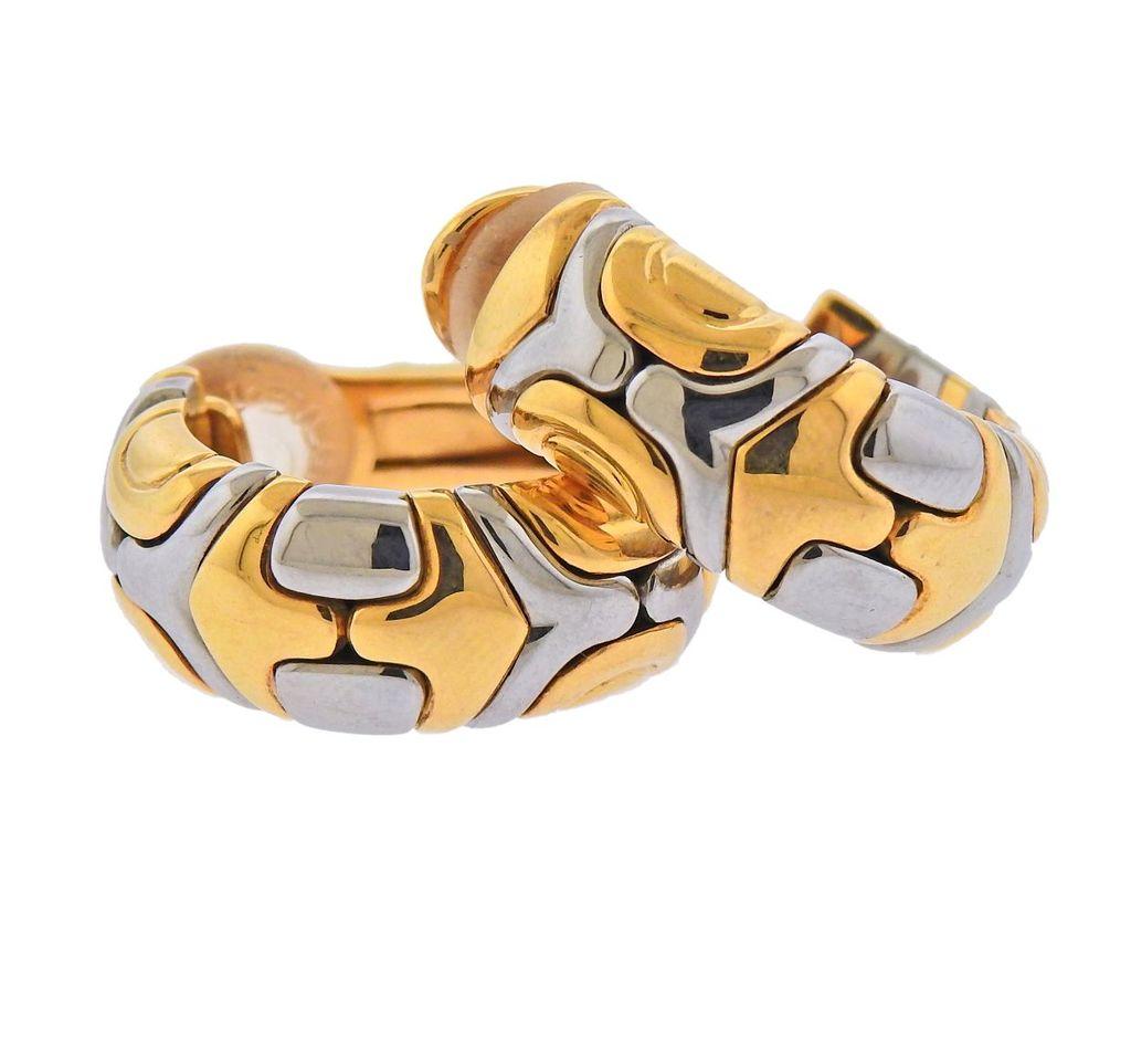 Bulgari Parentesi hoop earrings in 18k gold and stainless steel. Earrings are 24mm in diameter and 10mm wide.  Weight - 23.7 grams. Marked: Bvlgari, 750, Italian mark, M.
