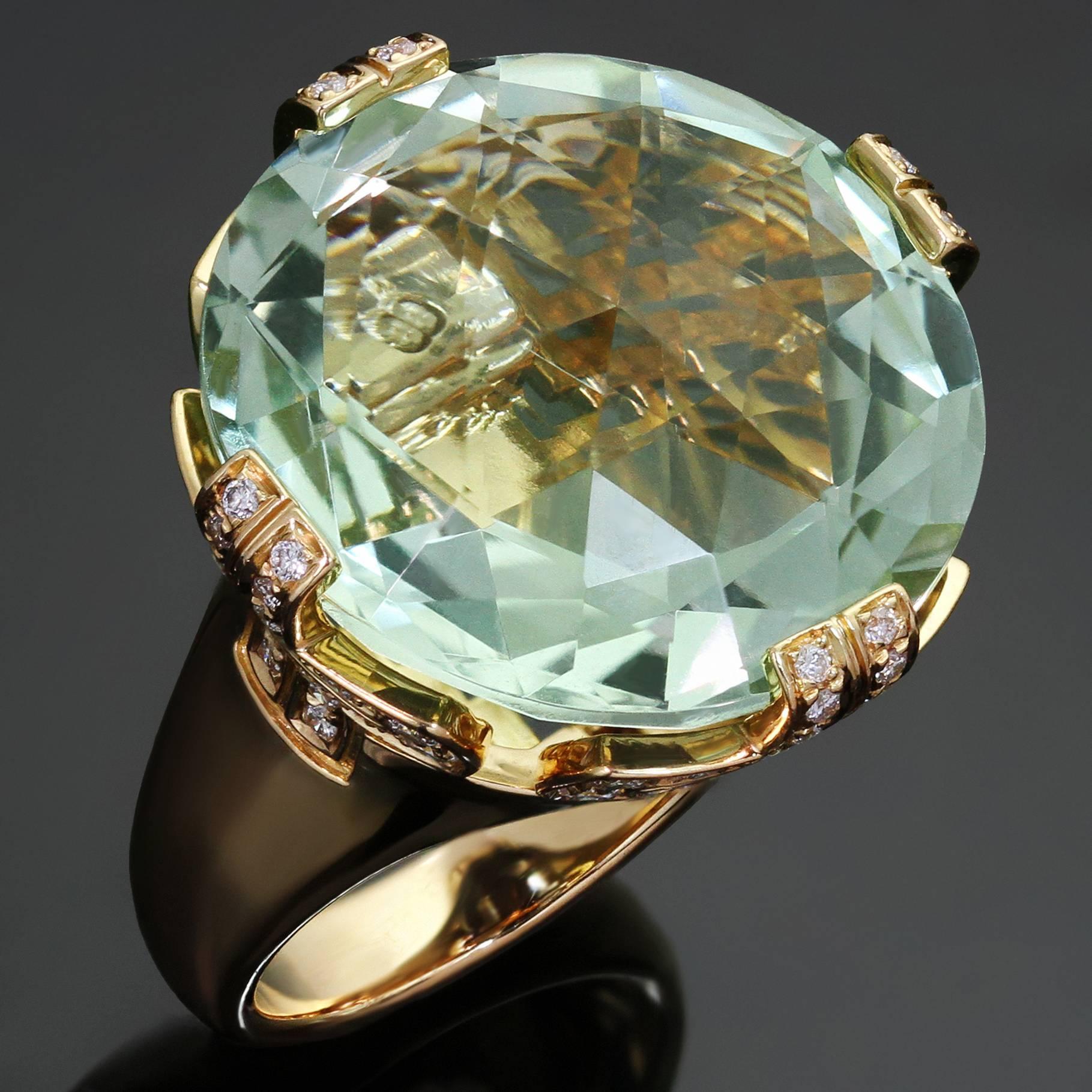 This beautifully timeless cocktail ring from Bulgari's striking Parentesi collection is crafted in 18k rose gold and accented with a centre green beryl stone and pave brilliant-cut diamonds of an estimated 0.71 carats. Made in Italy circa 2000s.