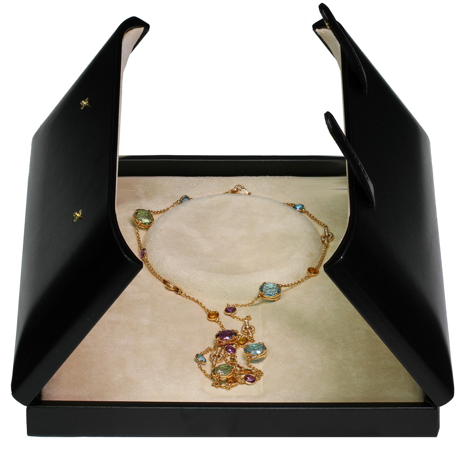 Round Cut Bulgari Parentesi Multicolor Gemstone Diamond Rose Gold Long Necklace