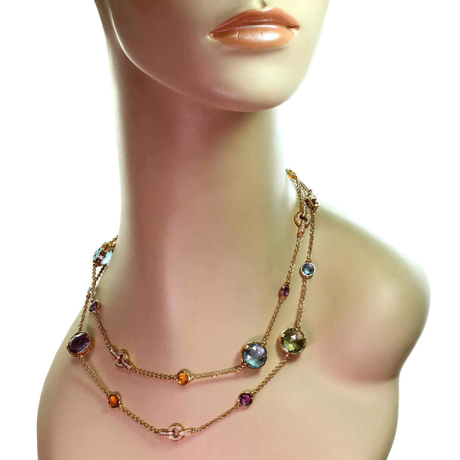 Bulgari Parentesi Multicolor Gemstone Diamond Rose Gold Long Necklace In Excellent Condition In New York, NY