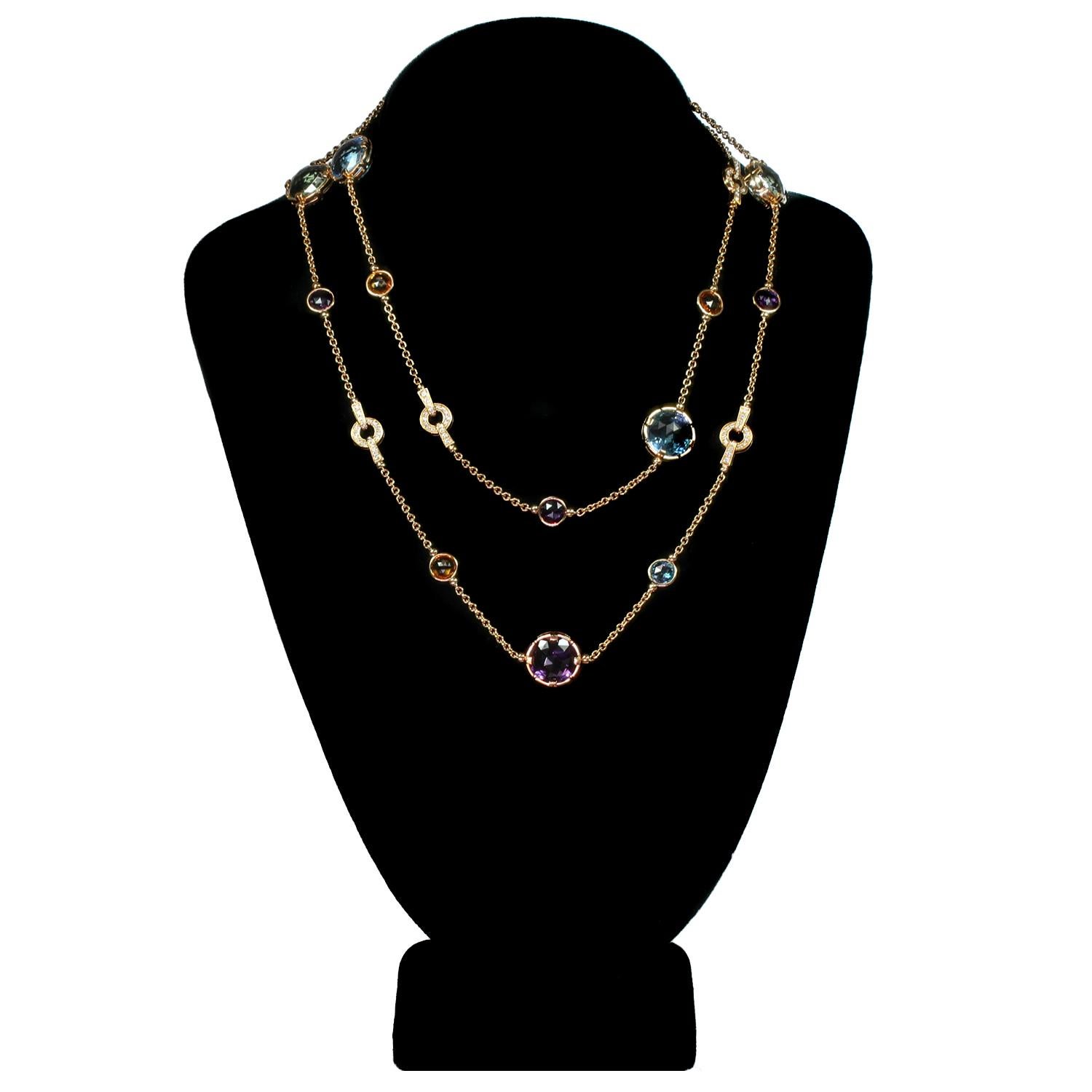Women's Bulgari Parentesi Multicolor Gemstone Diamond Rose Gold Long Necklace