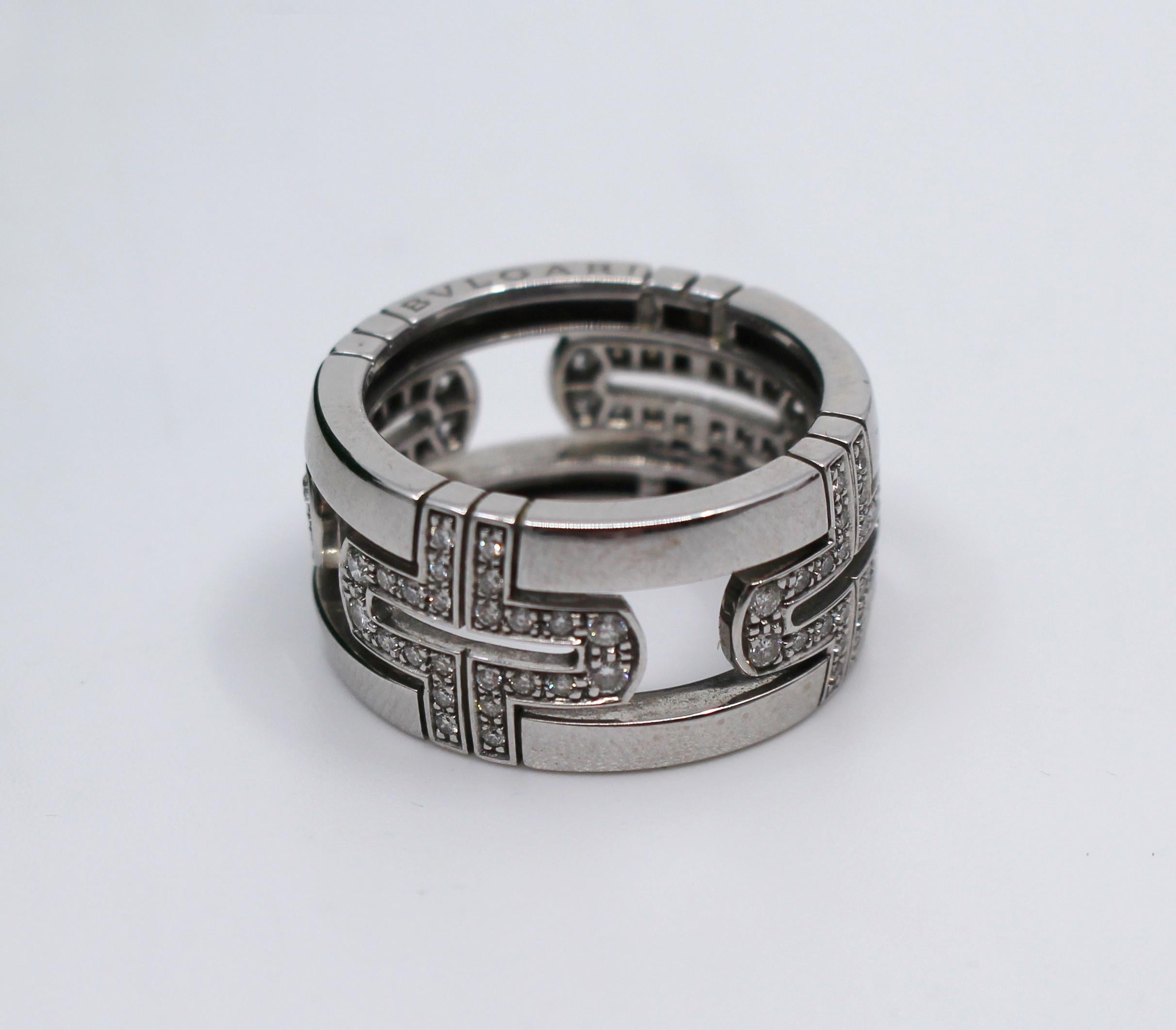 
Maker	
Bulgari, Italy

Diamonds	
Total 0.70 carat 

Weight	
10.99 g

Ring size	
P (British), 7.75 (US)

Condition	
Very good condition commensurate with age. Little wear. Fully stamped and hallmarked
 

 

Diamond set openwork band ring, measuring