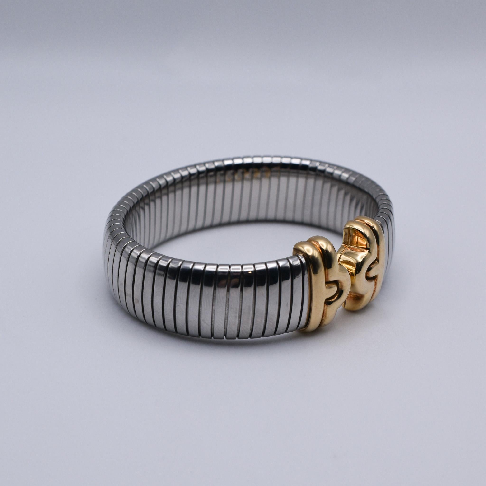 Bulgari 'Parentesi' Steel and 18k Yellow Gold Bracelet In Excellent Condition In New York, NY