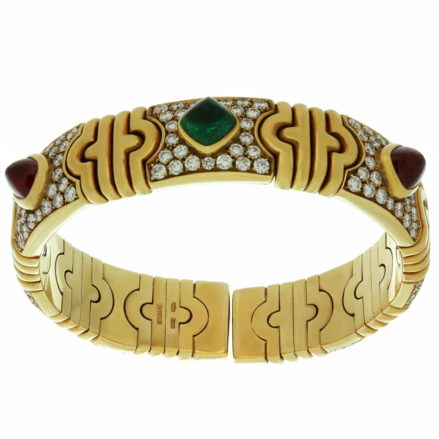 Women's Bulgari Parentesi Sugarloaf Ruby Emerald Diamond Yellow Gold Cuff Bracelet