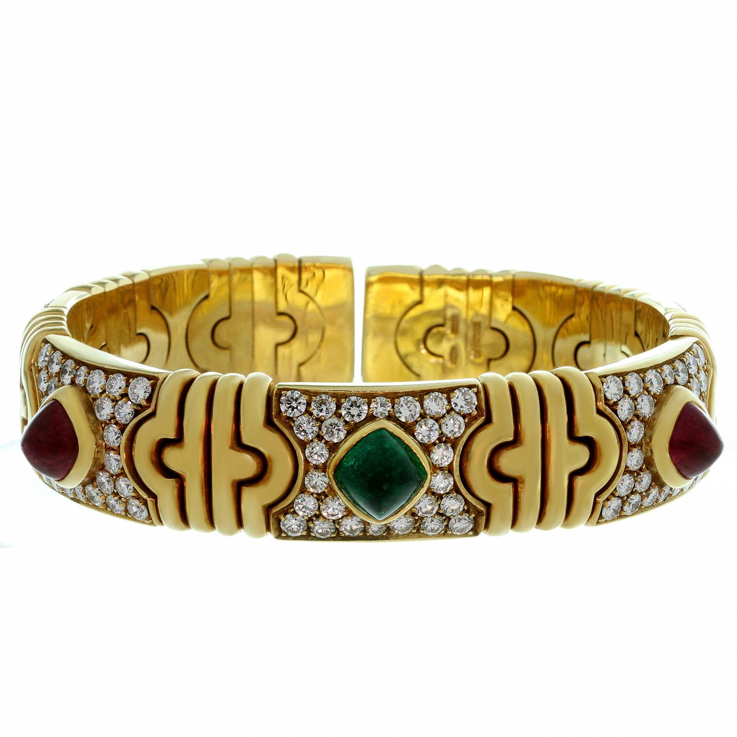 Bulgari Parentesi Sugarloaf Ruby Emerald Diamond Yellow Gold Cuff Bracelet 1