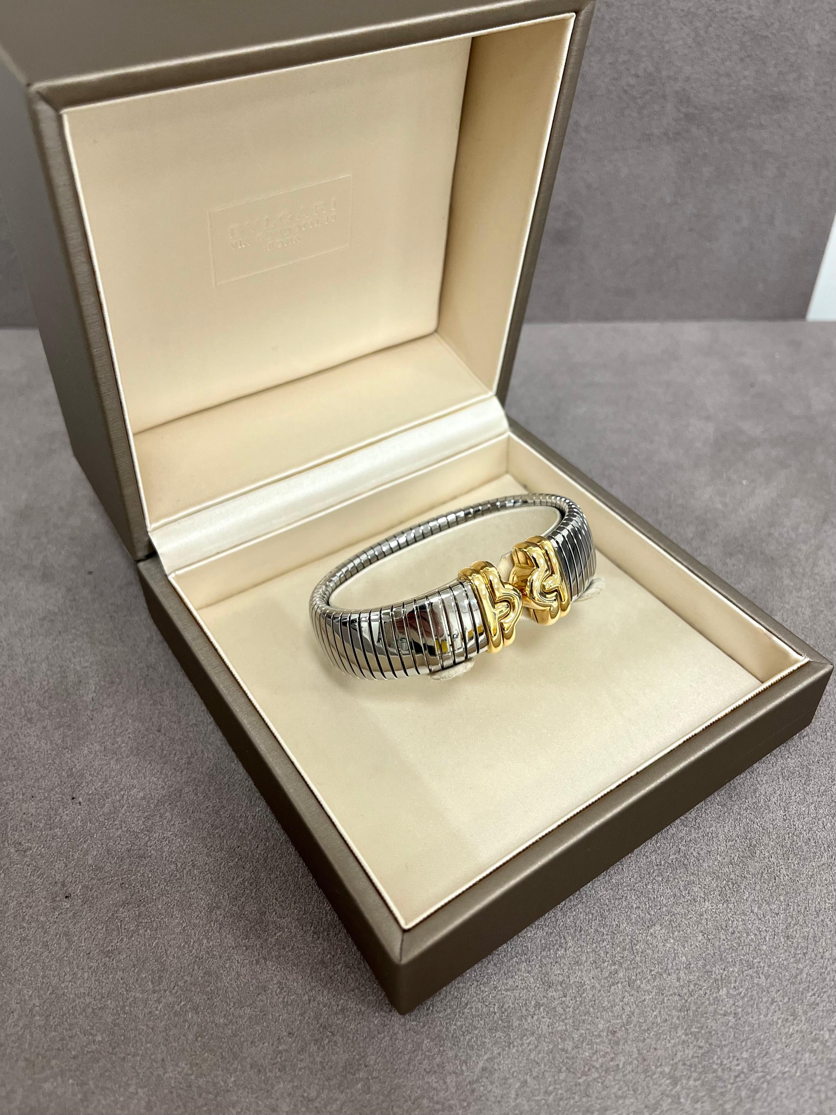 Modern Bulgari Parentesi Tubogas 18 Karat Yellow Gold Steel Bangle For Sale