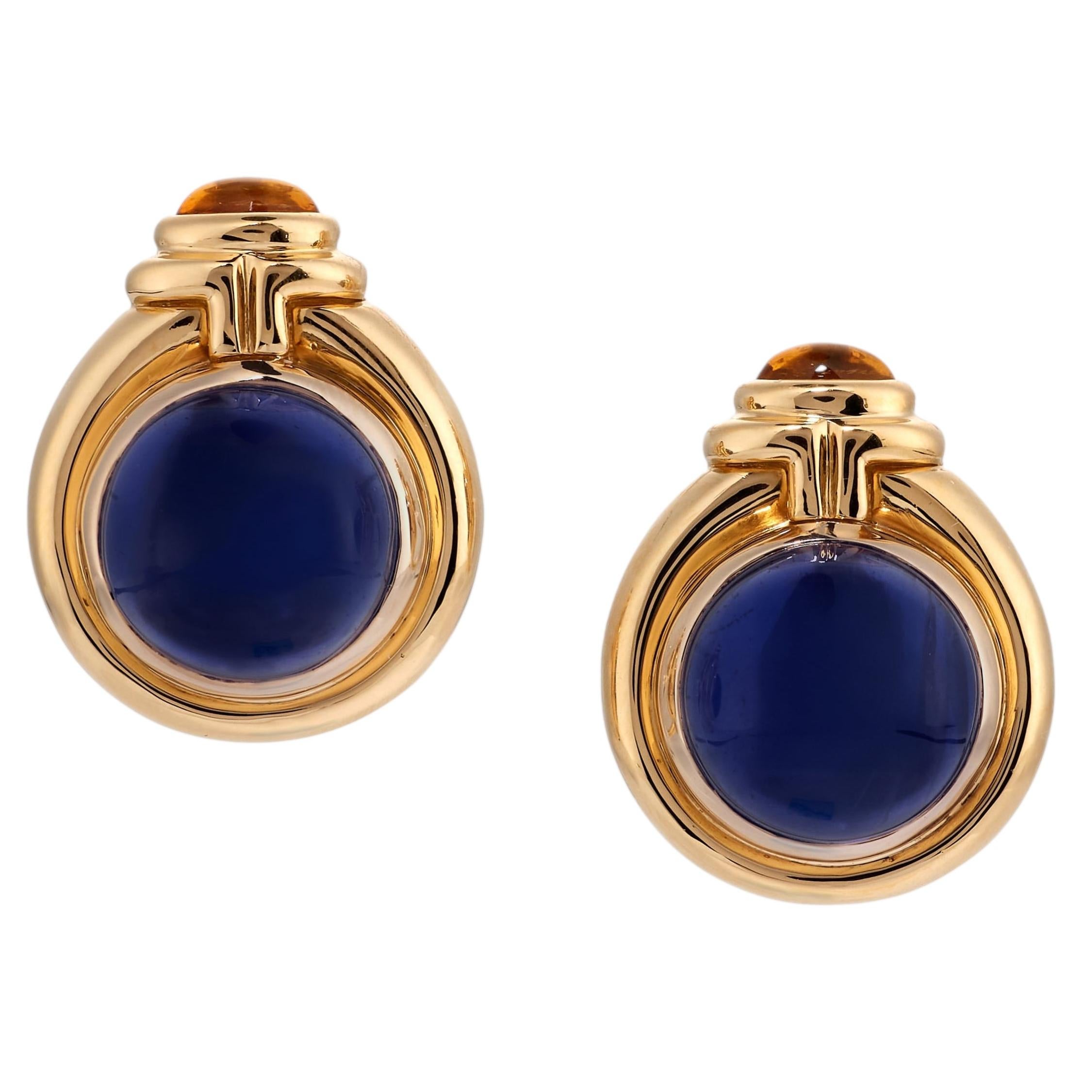 BULGARI Parentesi Vintage Clip-On Earrings, 18k Gold, Iolite & Citrine, 1980