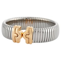 Bracciale a polsino BULGARI Vintage Parentesi Tubogas, oro 18 carati e acciaio, anni ’80