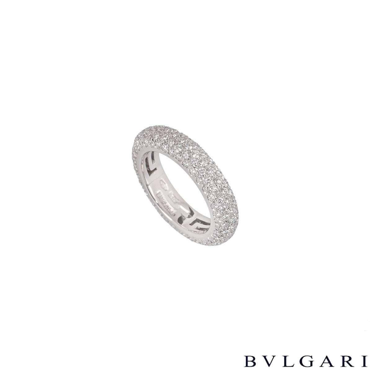 A statement 18k white gold diamond dress ring by Bvlgari. The ring is pave set with 185 round brilliant cut diamonds totalling approximately 2.77ct. The ring measures 4.4mm in width and is a size UK I½/US 4.5/EU 48 , with a gross weight of 5.09