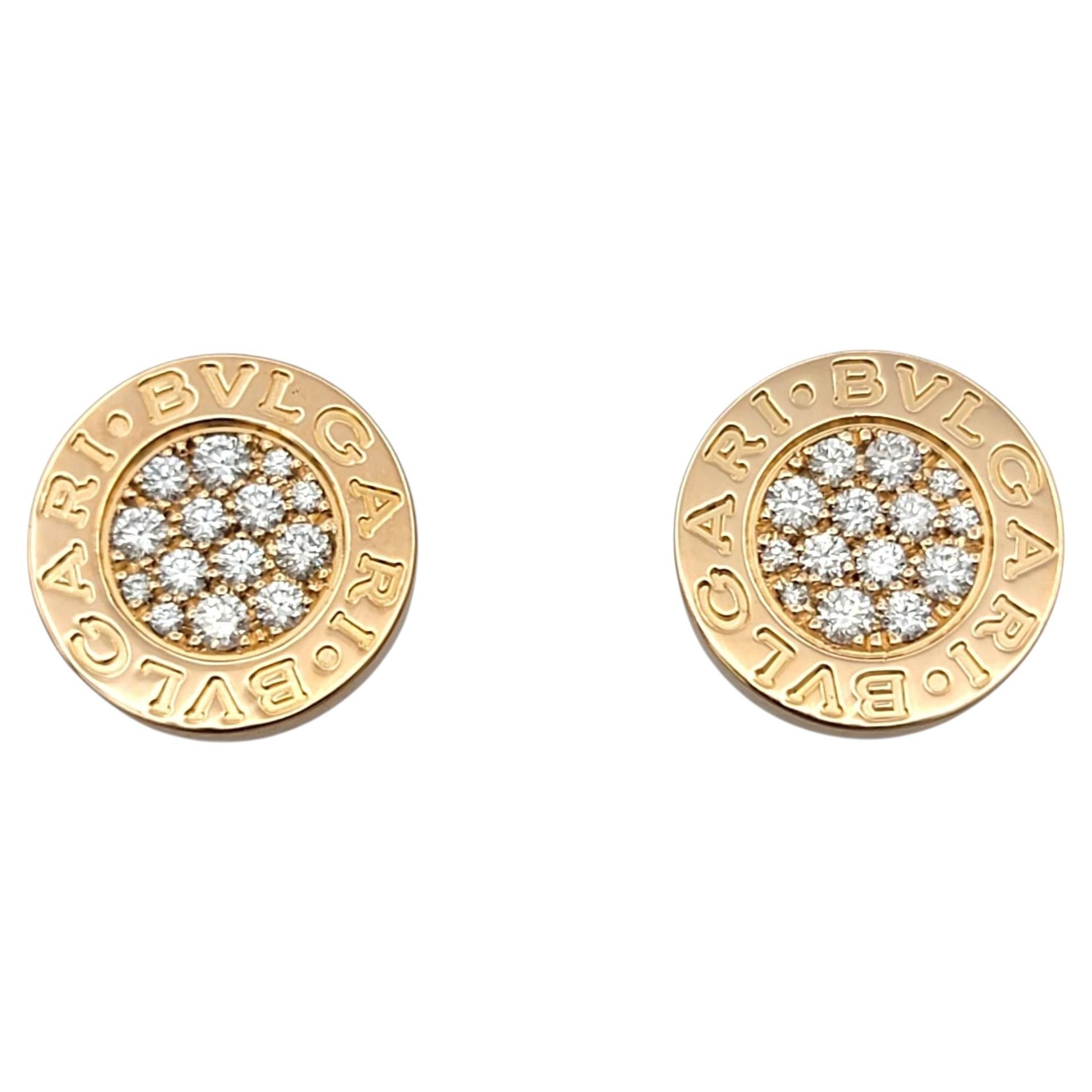 Bulgari Pavé Diamond Disc Logo Stud Earrings in 18 Karat Rose Gold For Sale