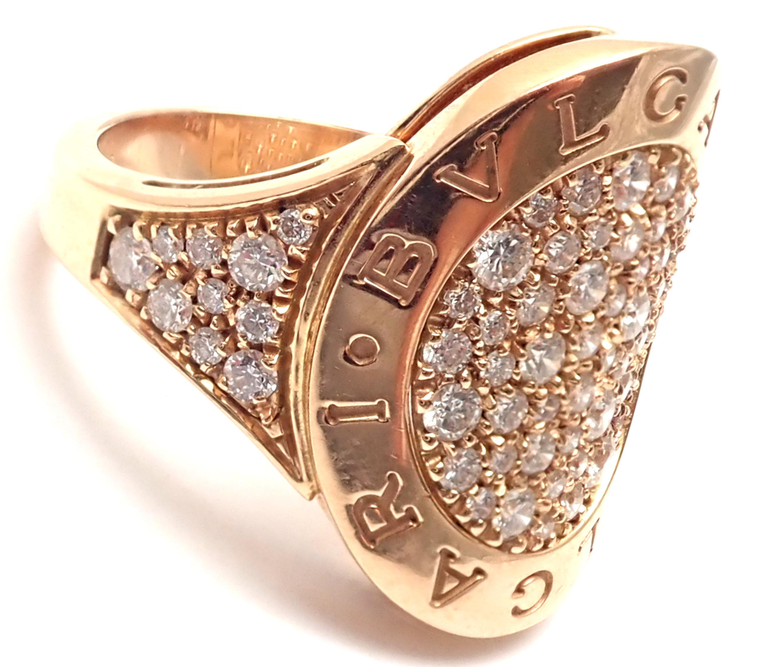 18k Rose Gold Diamond Ring by Bulgari.  
With 72 round brilliant cut diamonds VS1 clarity E color total weight approx. .95ct
Details: Size: 6 1/4
Width: 20mm
Weight: 10.3 grams
Stamped Hallmarks: Bvlgari 750  Made In Italy
*Free Shipping within the