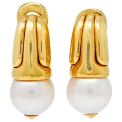 Vintage Bulgari Pearl 18 Karat Yellow Gold Drop Ear-Clip Earrings