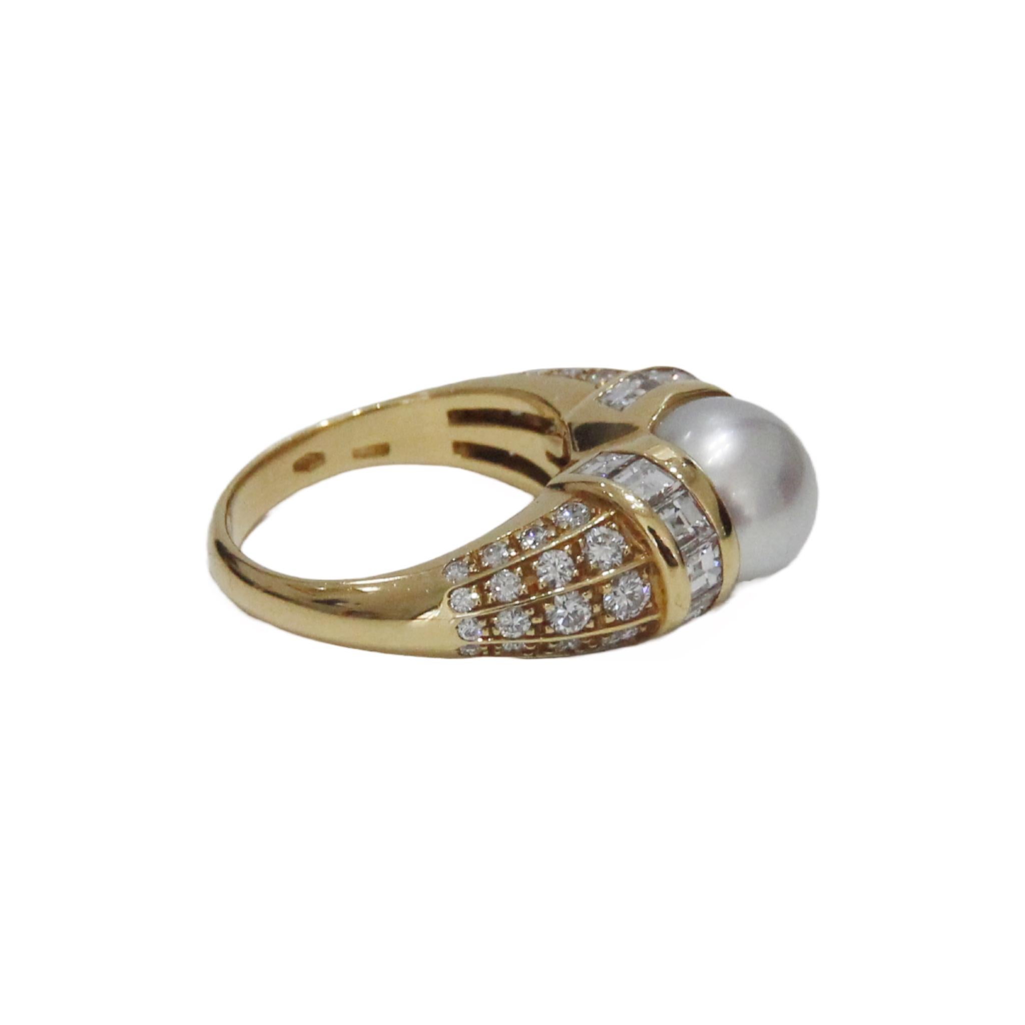 Princess Cut Bulgari Pearl and Diamond 18k Yellow Gold Cocktail Ring