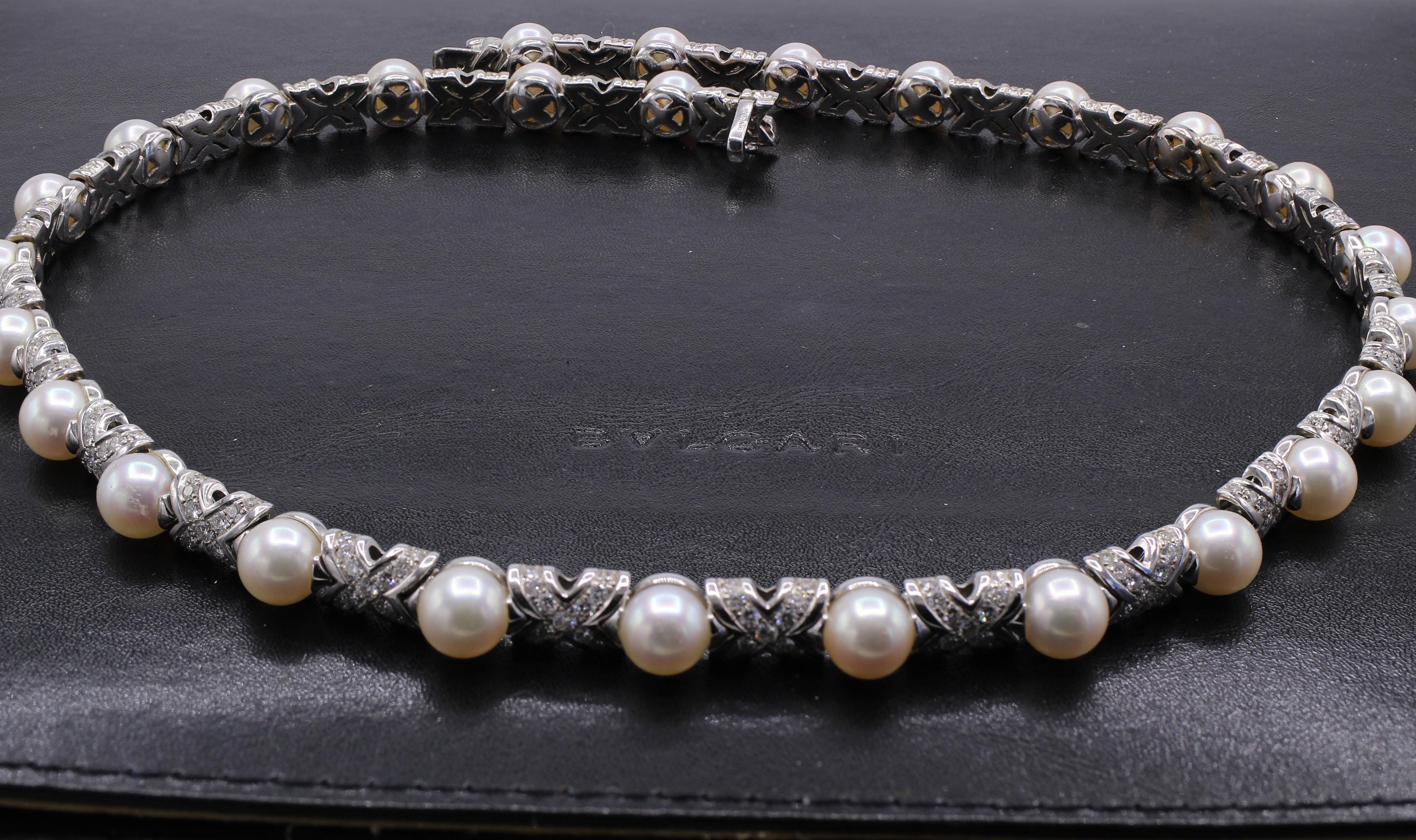 Round Cut Bulgari Pearl Diamond Necklace For Sale