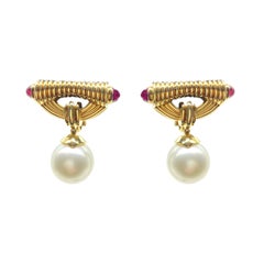 Bulgari Pearl Drop & Ruby Yellow Gold Earrings