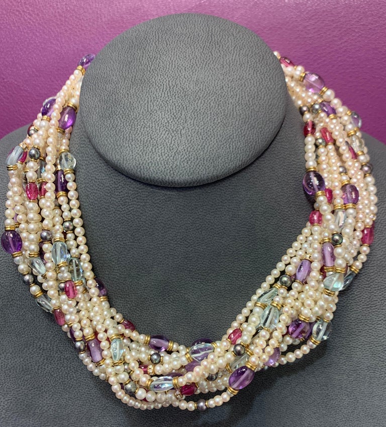 Bulgari Pearl and Multi Gem Torsade Necklace For Sale at 1stDibs