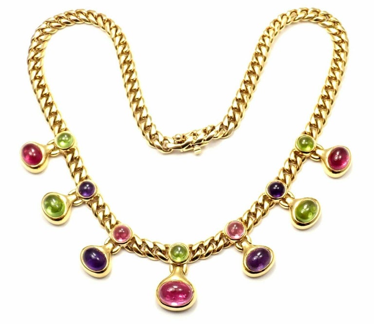 18k Yellow Gold Peridot, Amethyst and Pink Tourmaline Link Necklace by Bulgari. 
With 4 amethysts, 5 peridots, 5 pink  tourmalines.
Details: 
Length: 16
