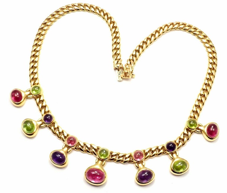 Cabochon Bulgari Peridot Amethyst Pink Tourmaline Yellow Gold Link Necklace For Sale