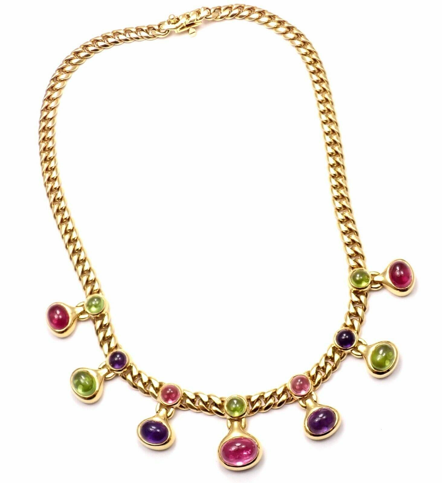 Bulgari Peridot Amethyst Pink Tourmaline Yellow Gold Link Necklace In Excellent Condition In Holland, PA