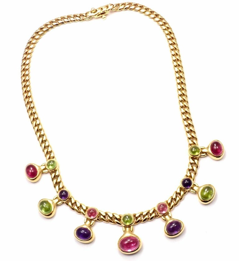 Bulgari Peridot Amethyst Pink Tourmaline Yellow Gold Link Necklace In Excellent Condition For Sale In Holland, PA