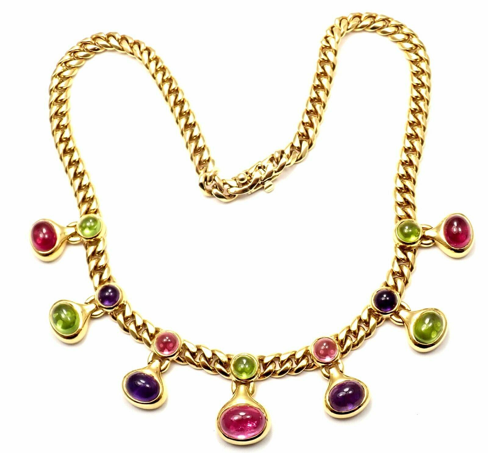 Women's or Men's Bulgari Peridot Amethyst Pink Tourmaline Yellow Gold Link Necklace