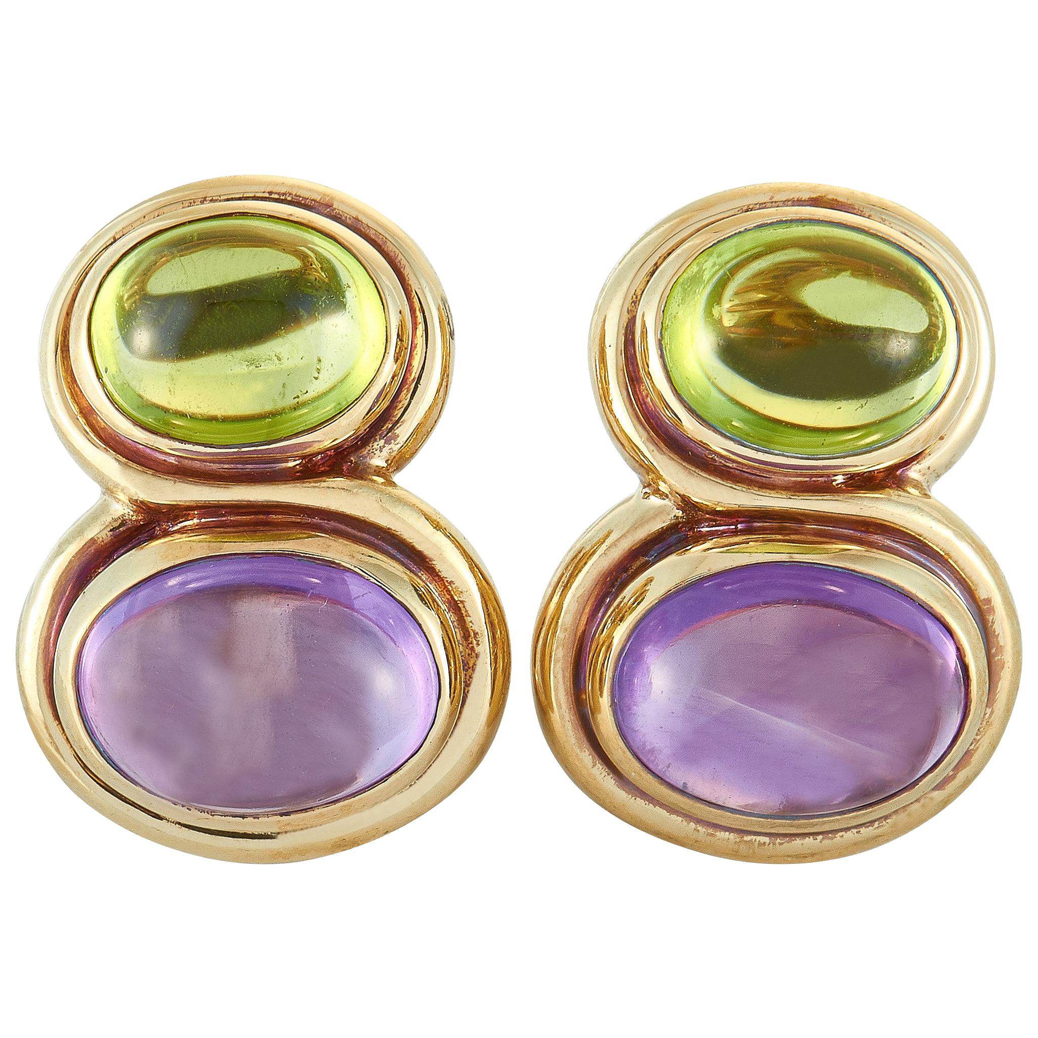 Bulgari Peridot and Amethyst Yellow Gold Clip-On Earrings