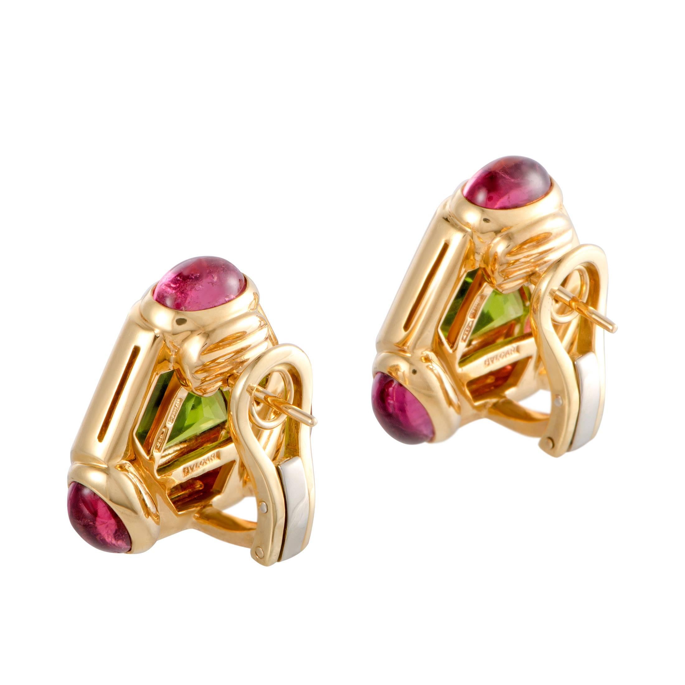 Bulgari Peridot and Pink Tourmaline Yellow Gold Triangular Earrings In Excellent Condition In Southampton, PA