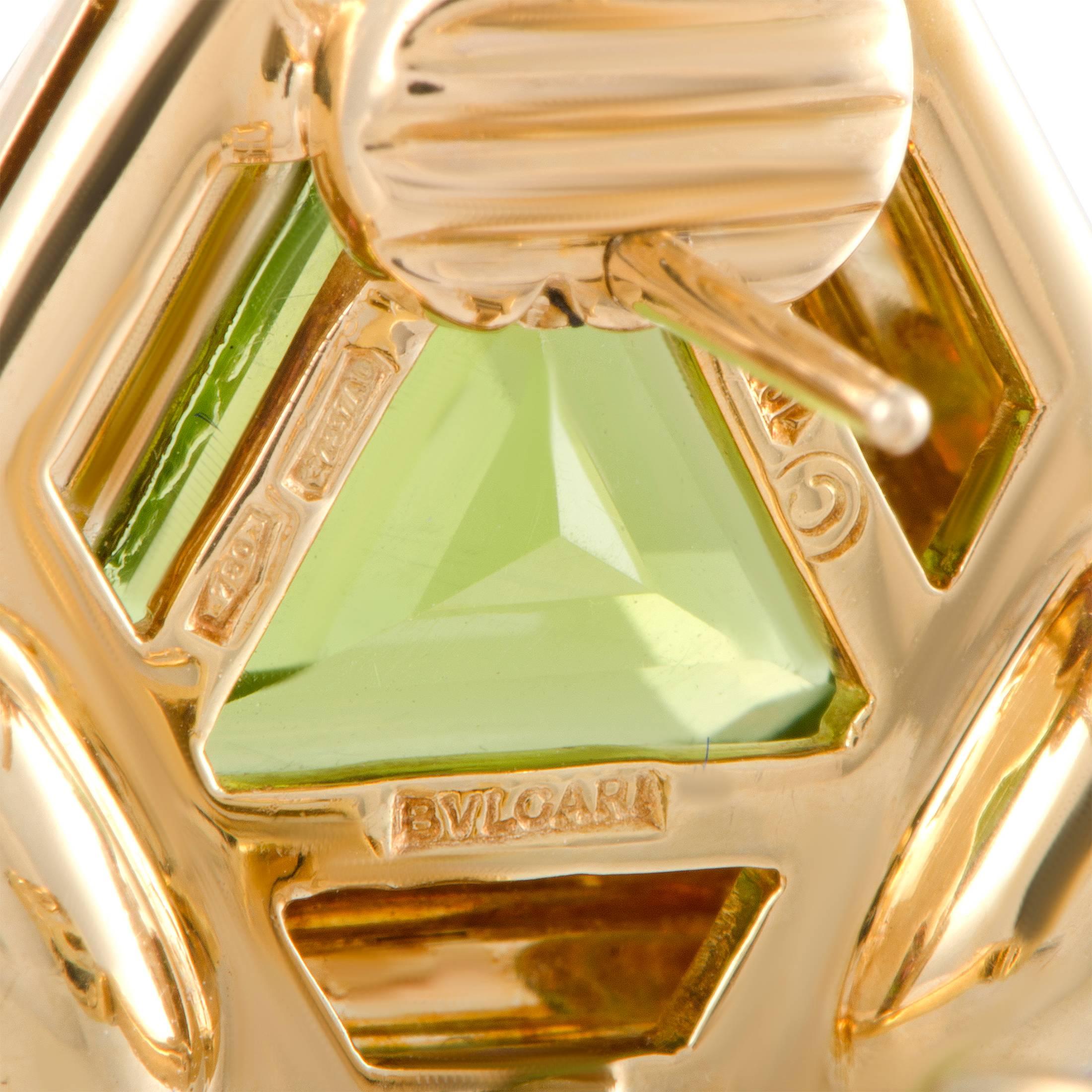 Women's Bulgari Peridot and Pink Tourmaline Yellow Gold Triangular Earrings