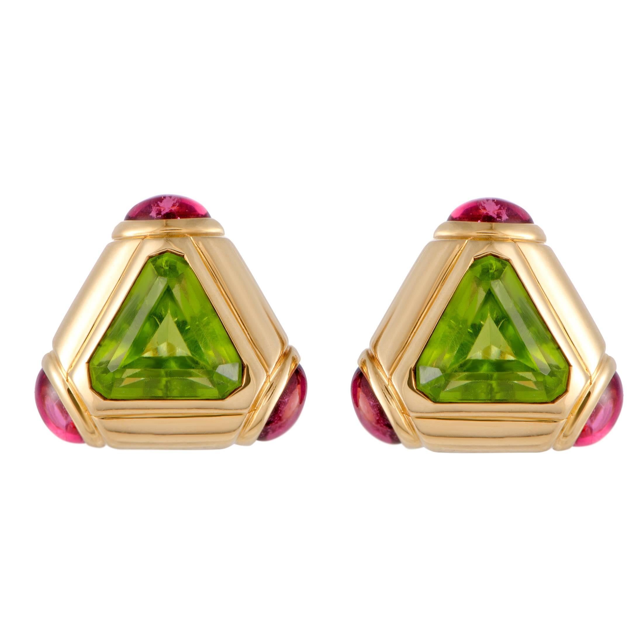 Bulgari Peridot and Pink Tourmaline Yellow Gold Triangular Earrings
