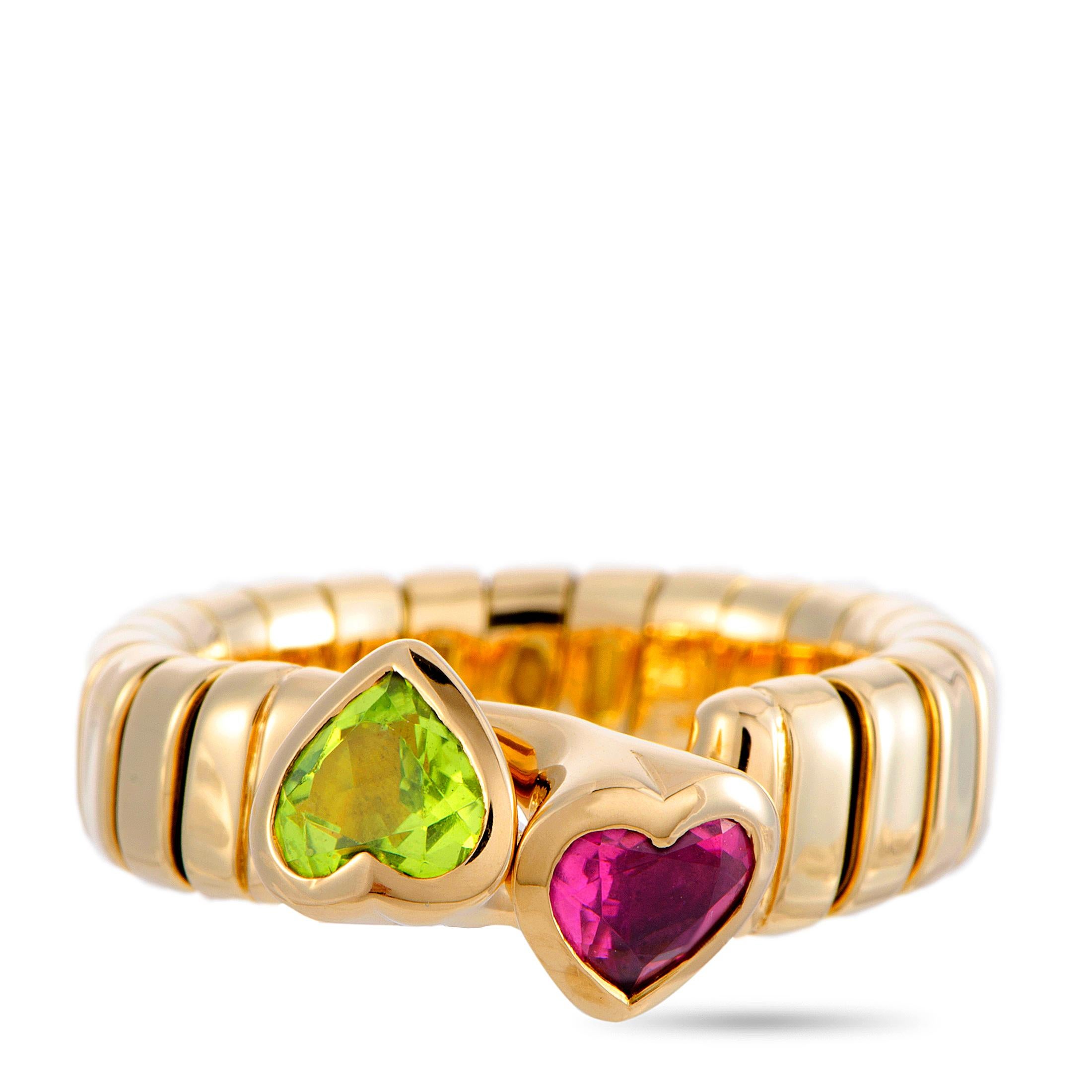 Bulgari Peridot and Tourmaline Yellow Gold Hearts Ring In Excellent Condition In Southampton, PA