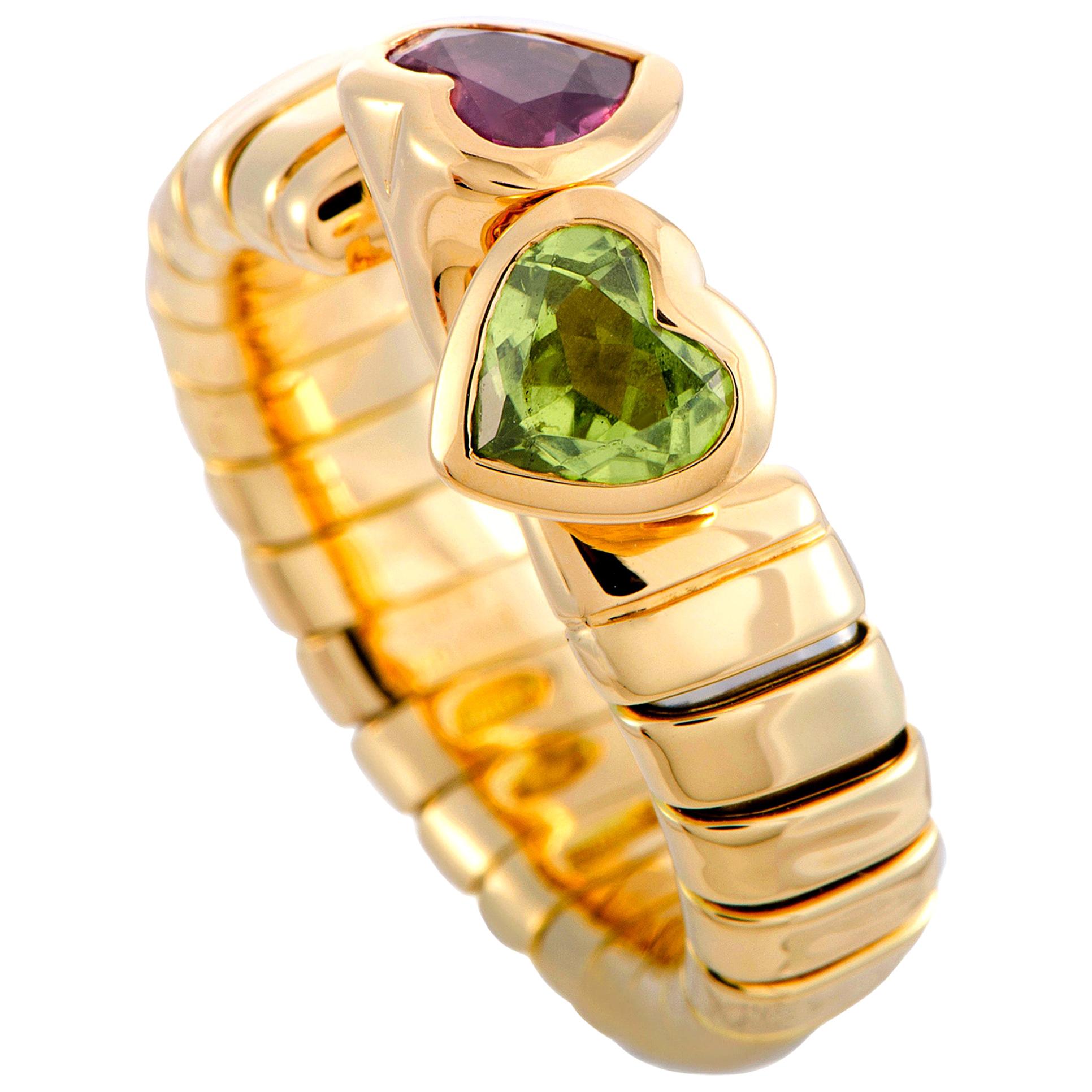 Bulgari Peridot and Tourmaline Yellow Gold Hearts Ring