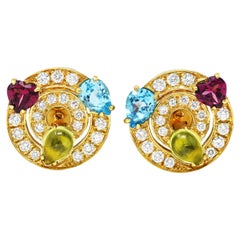 Bulgari Boucles d'oreilles Allegra en or jaune 18 carats avec péridot, topaze bleue, grenat et diamant