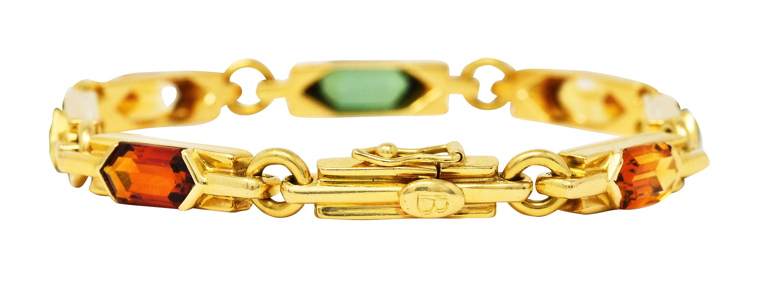 Hexagon Cut Bulgari Peridot Citrine Green Tourmaline 18 Karat Yellow Gold Vintage Bracelet