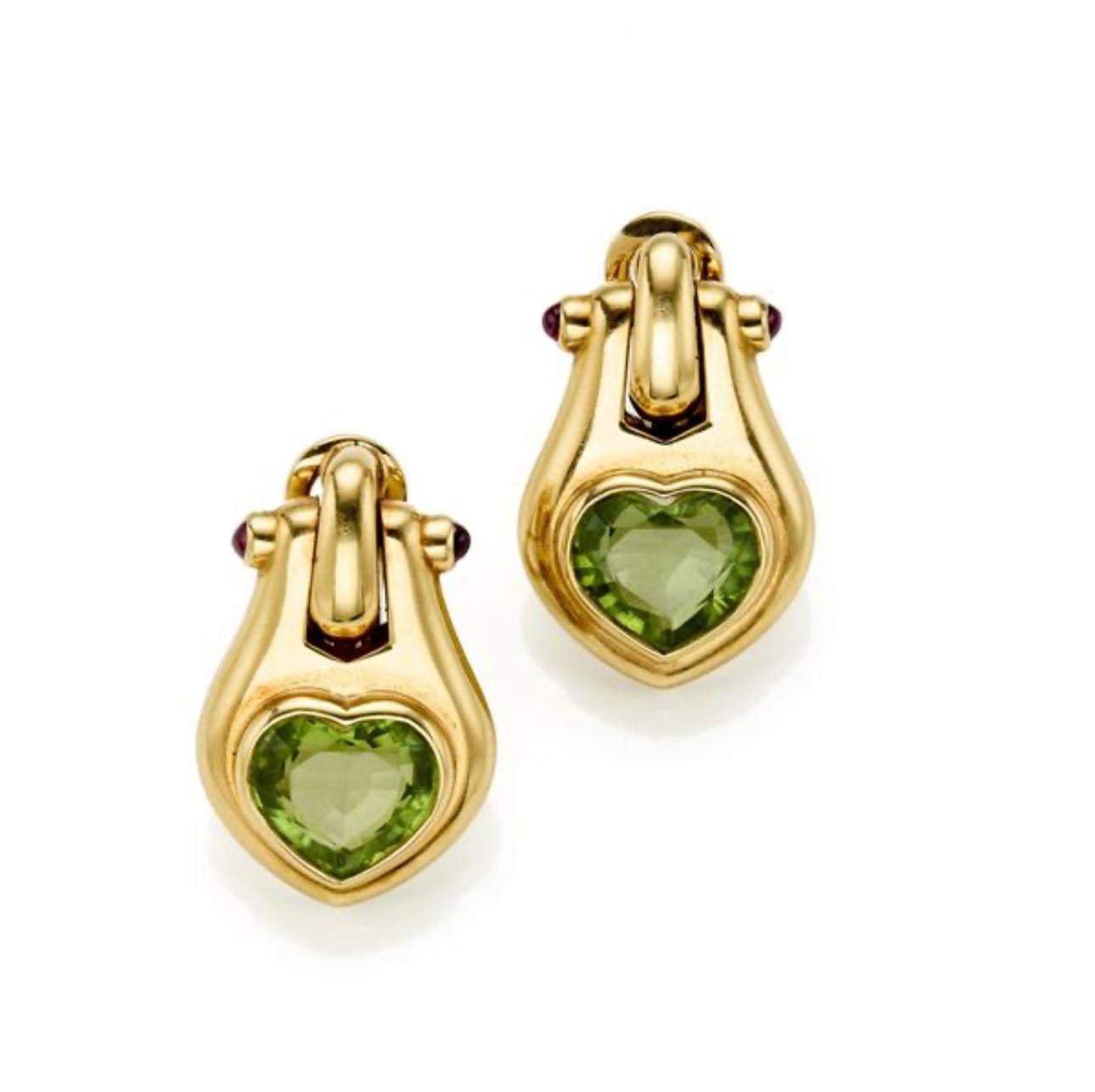 Bulgari Peridot Ruby 18 Karat Yellow Gold Earrings In Excellent Condition For Sale In Napoli, Italy