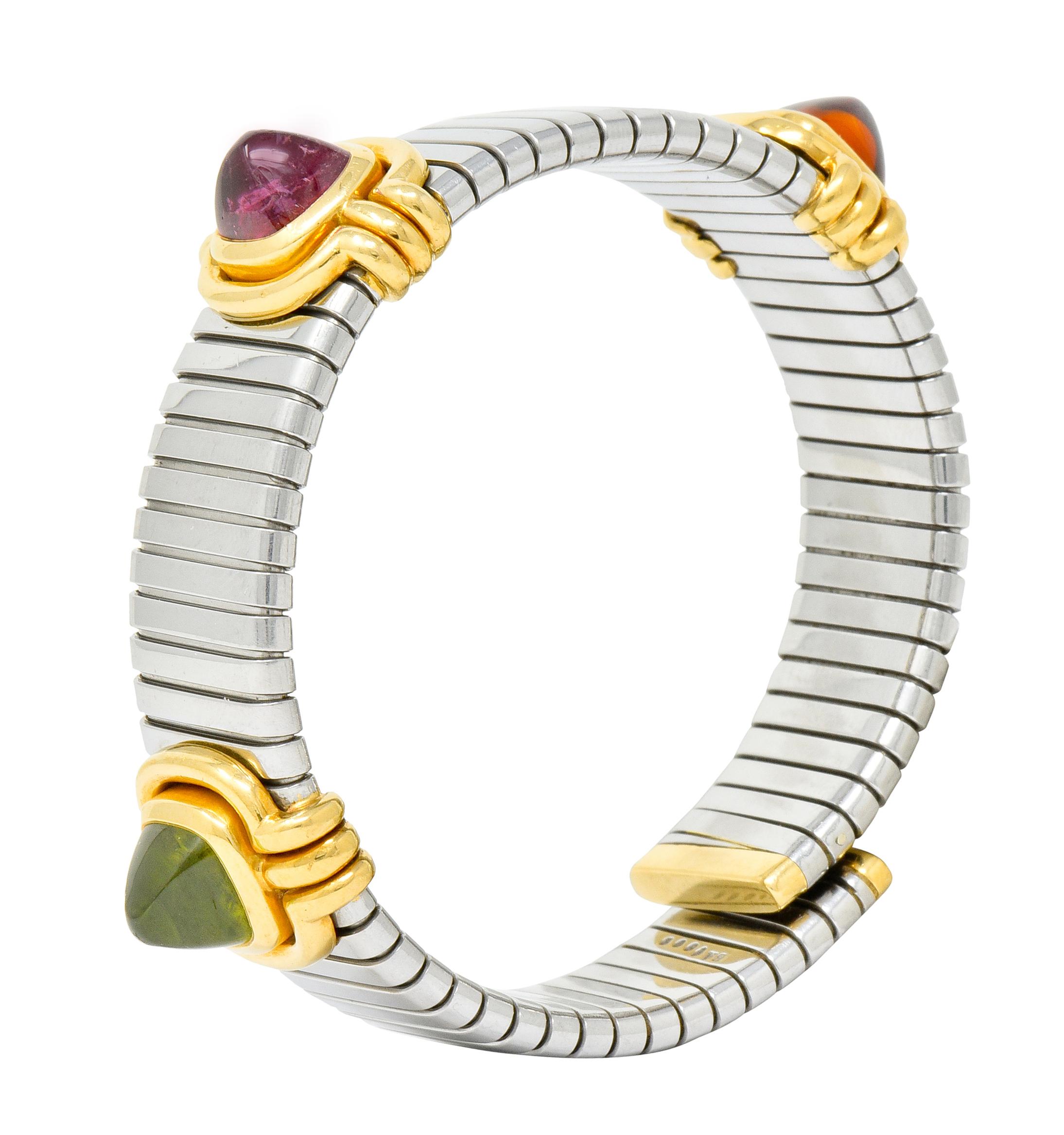 Bulgari Peridot Tourmaline Stainless Steel 18 Karat Gold Bracelet Tubogas 4