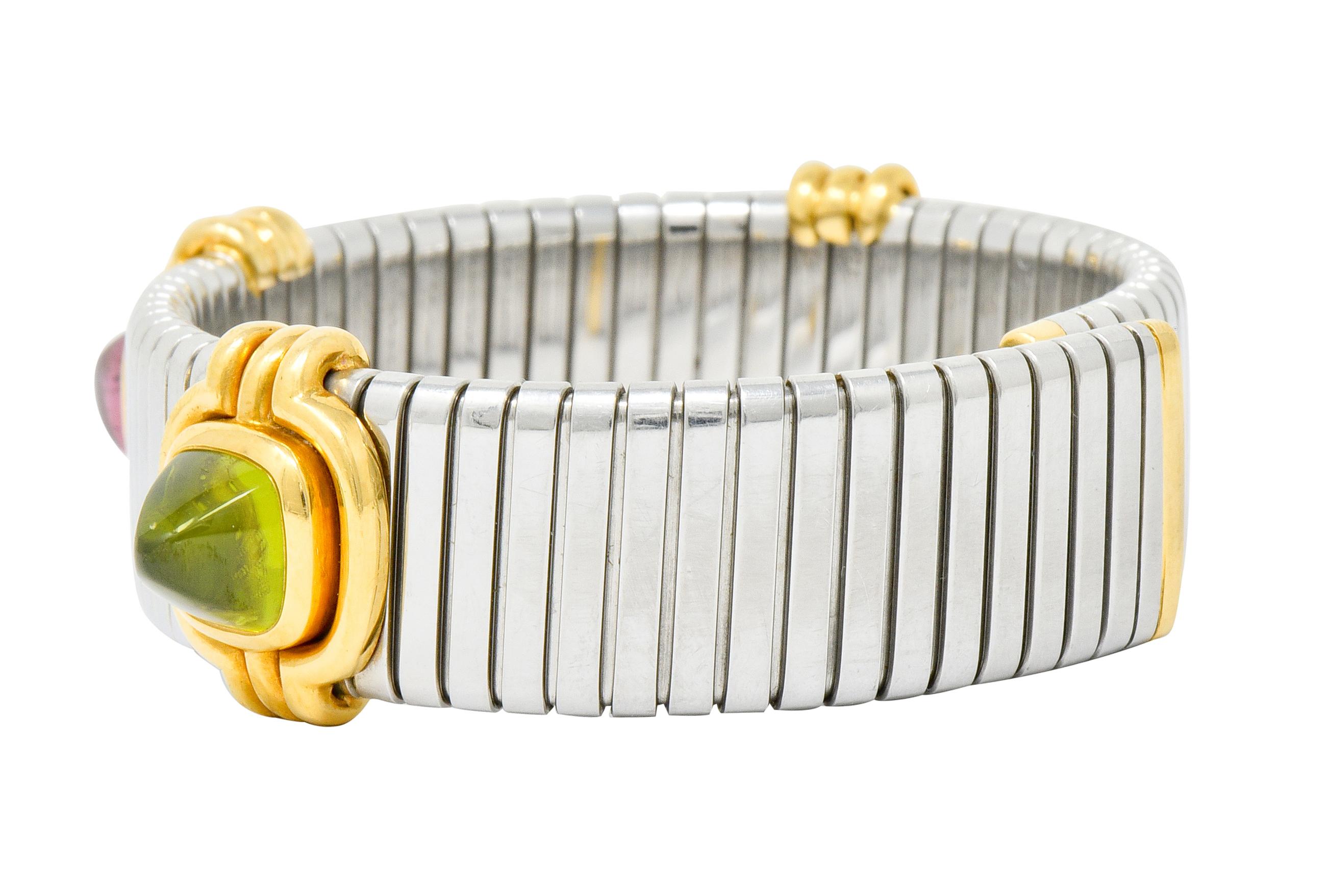 Women's or Men's Bulgari Peridot Tourmaline Stainless Steel 18 Karat Gold Bracelet Tubogas